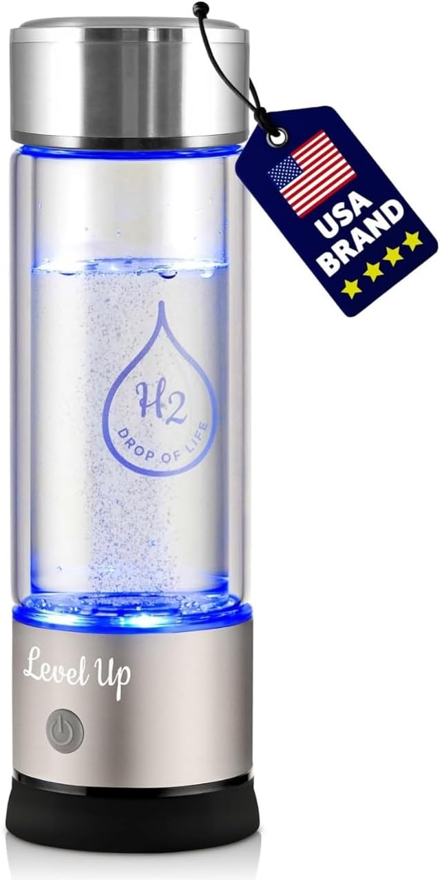 LevelUpWay 2025 Hydrogen Water Bottle Generator – New Technology Glass with SPE PEM Ionic Membrane – High Borosilicate Glass – 13 Ounce (Crystal Silver)