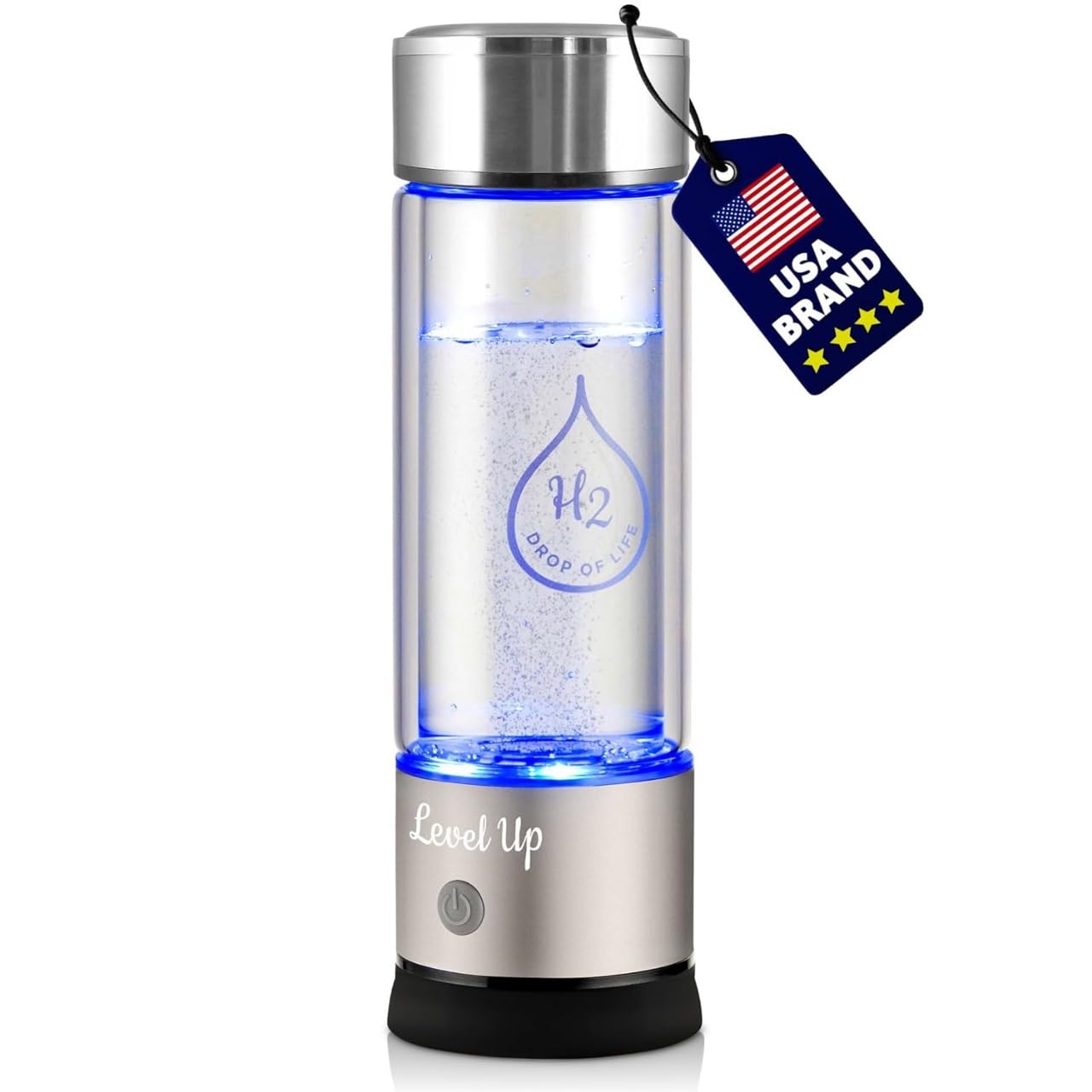 LevelUpWay 2025 Hydrogen Water Bottle Generator – New Technology Glass with SPE PEM Ionic Membrane – High Borosilicate Glass – 13 Ounce (Crystal Silver)