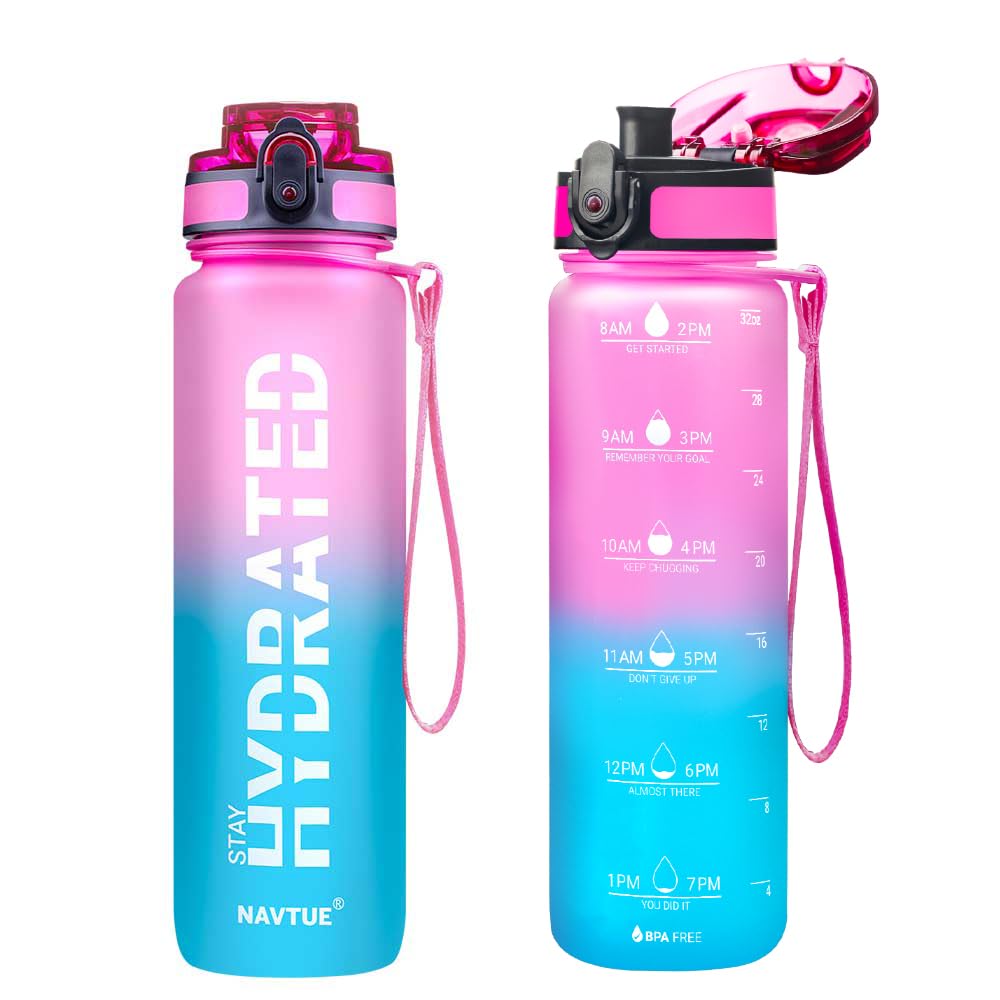 Water Bottle, 32oz Sports Water Bottles with Time Marker Wide Mouth, Motivational and Leakproof Drink Bottle, BPA Free Tritan with Carry Strap for Gym Fitness Outdoor (Direct Drink 1 Bottle)