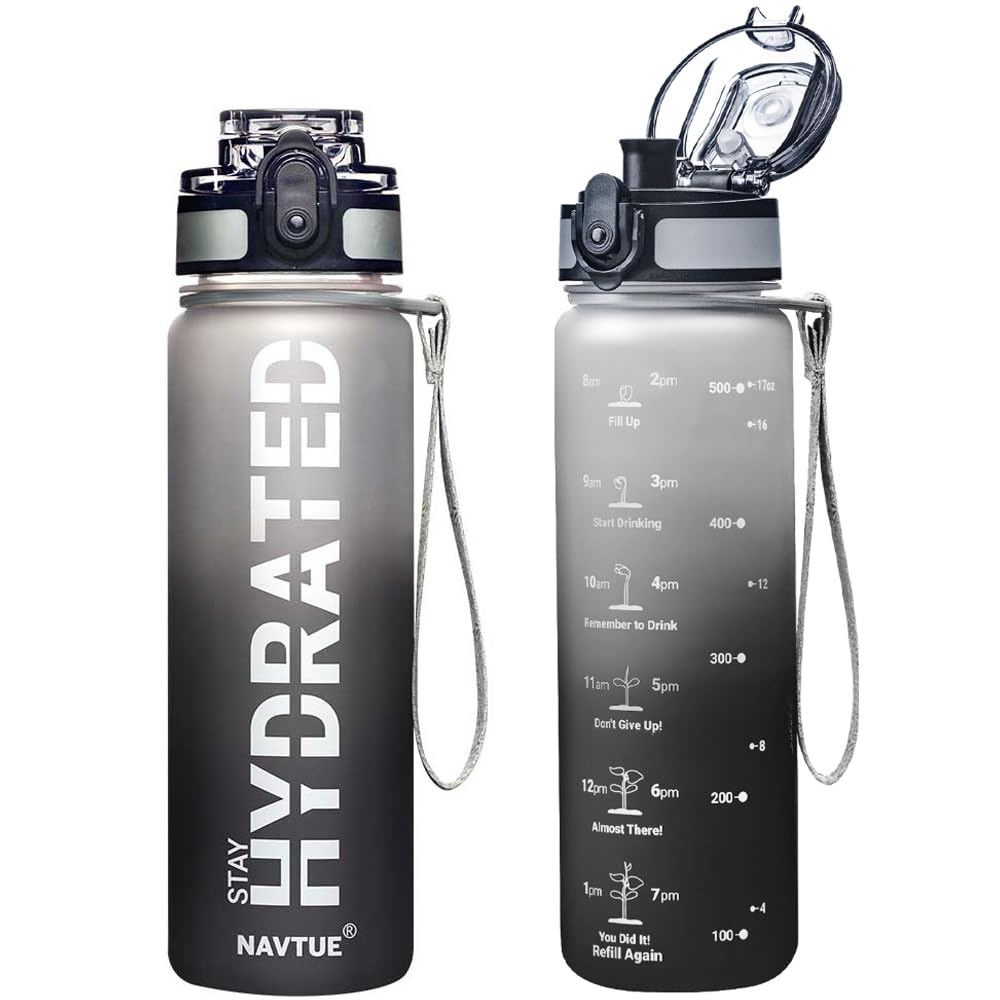 Water Bottle, 16OZ/ 500ML Sports Water Bottles with Time Marker Wide Mouth, Motivational and Leakproof Drink Bottle, BPA Free Tritan with Carry Strap for Gym Fitness Outdoor(1 Bottle)
