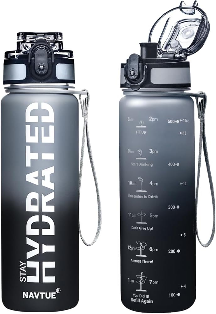 Water Bottle, 16OZ/ 500ML Sports Water Bottles with Time Marker Wide Mouth, Motivational and Leakproof Drink Bottle, BPA Free Tritan with Carry Strap for Gym Fitness Outdoor(1 Bottle)