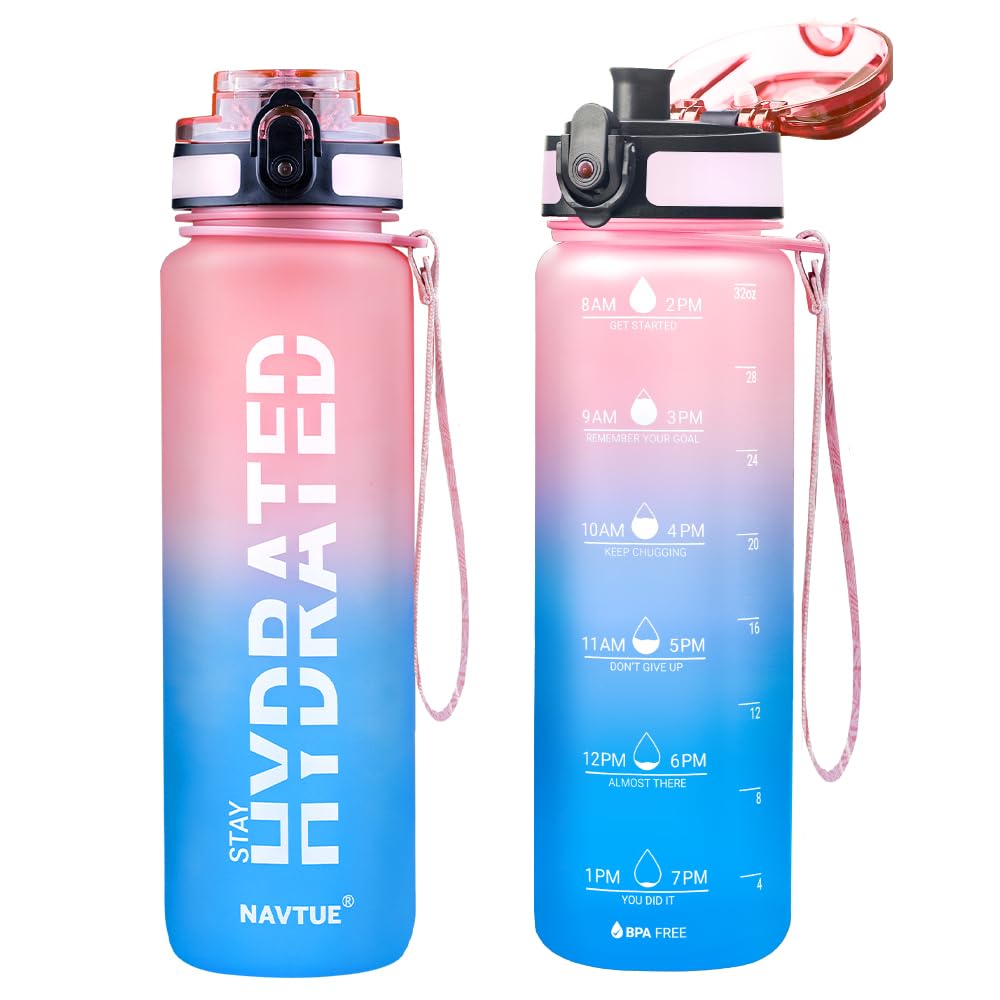 Water Bottle, 32oz Sports Water Bottles with Time Marker Wide Mouth, Motivational and Leakproof Drink Bottle, BPA Free Tritan with Carry Strap for Gym Fitness Outdoor (Direct Drink 1 Bottle)