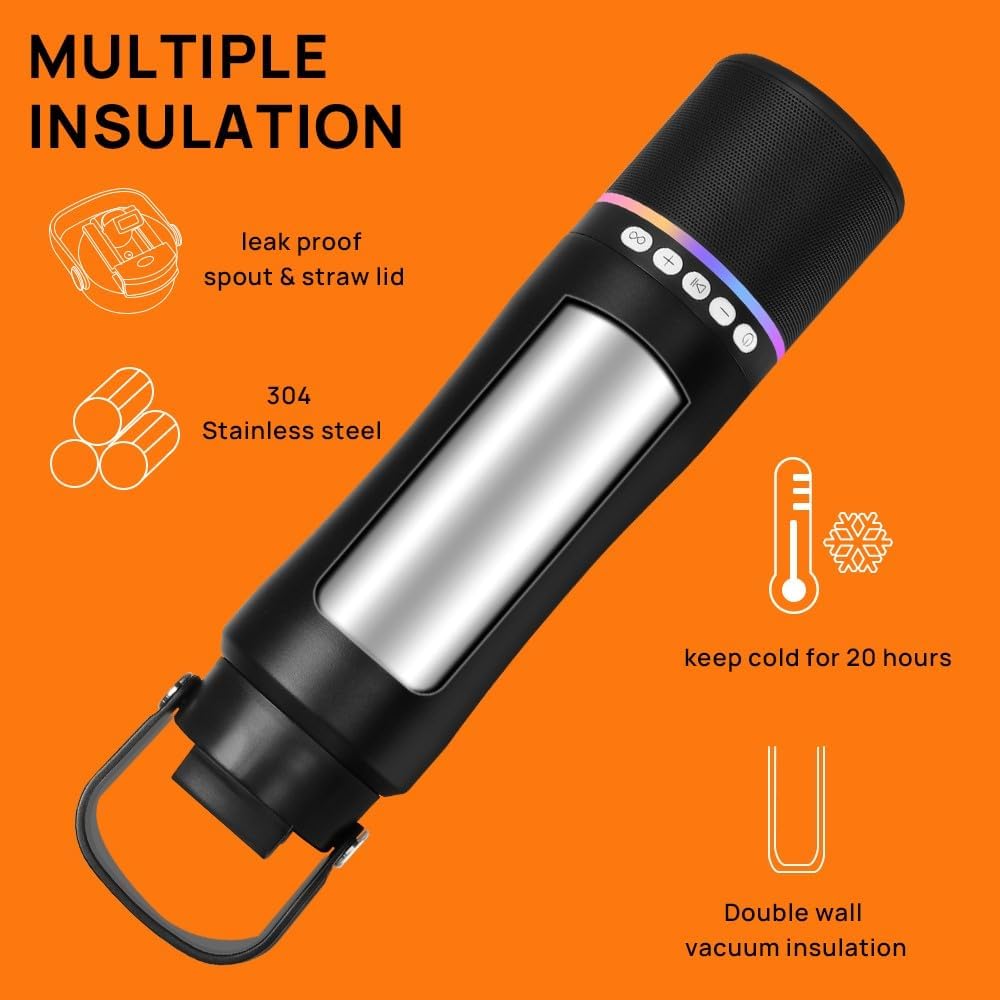 Travel Mug with Portable Bluetooth Speaker - Modular Steel Water Bottle w/Handle and Speaker, Insulated Mug for Camping Sports Beach
