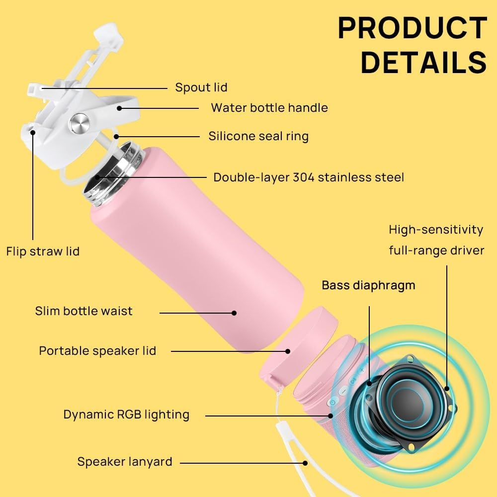 Travel Mug with Portable Bluetooth Speaker - Modular Steel Water Bottle w/Handle and Speaker, Insulated Mug for Camping Sports Beach