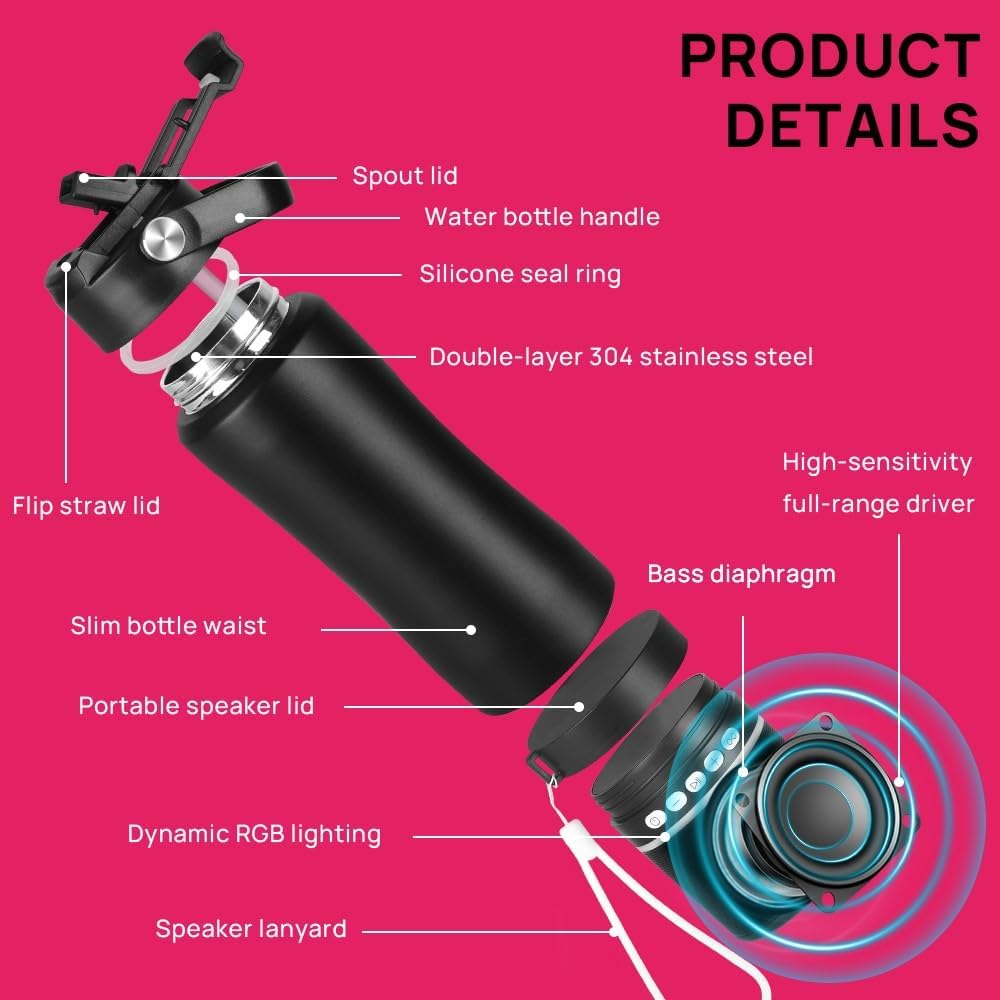 Travel Mug with Portable Bluetooth Speaker - Modular Steel Water Bottle w/Handle and Speaker, Insulated Mug for Camping Sports Beach
