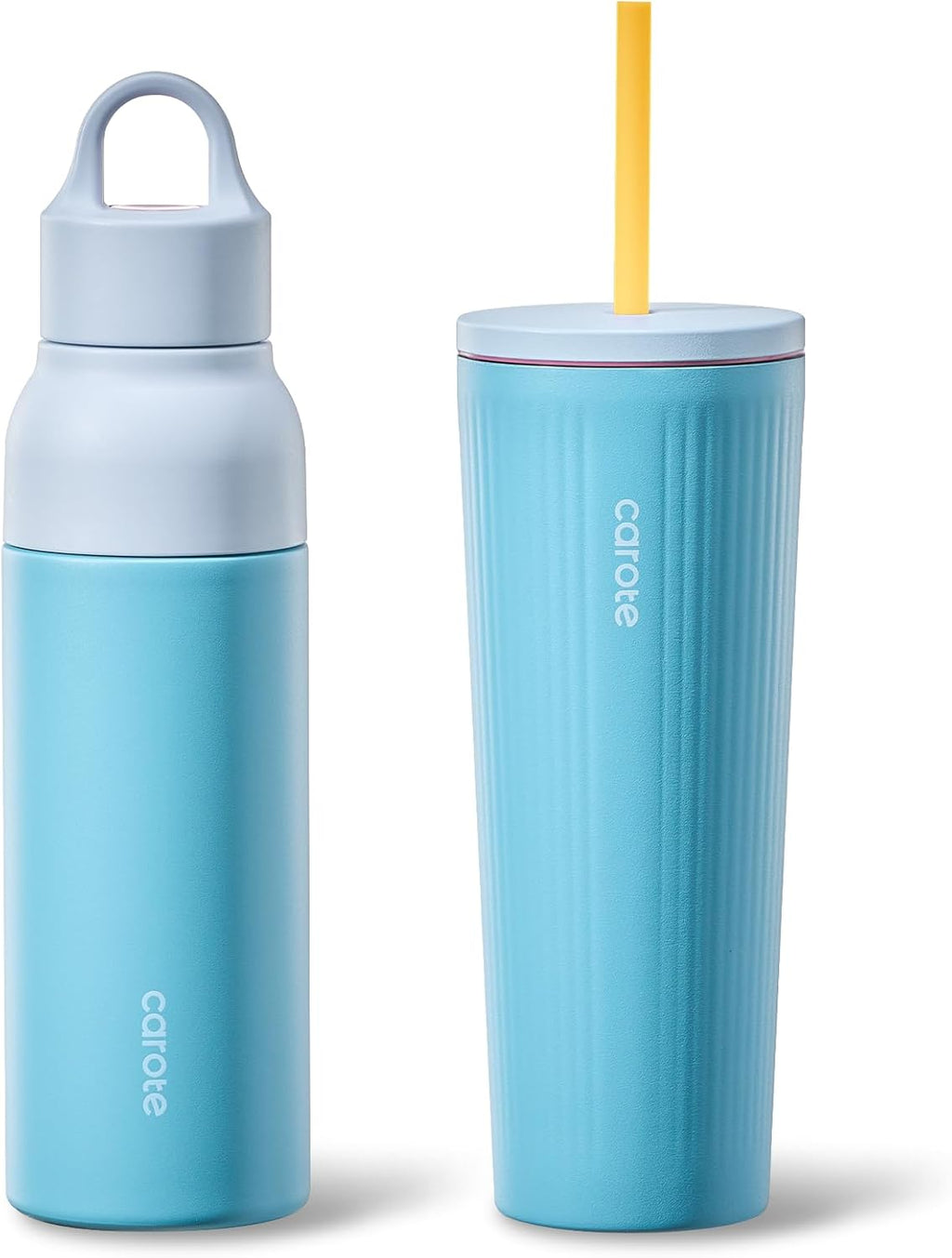 CAROTE 19 oz One-Click Open Insulated Water Bottle & 21 oz Tumblers with Lid and Straw, Double-Wall Insulated Stainless Steel, Leakproof Lid with Handle, Essential for Travel, Sports(Vibrant Blue)