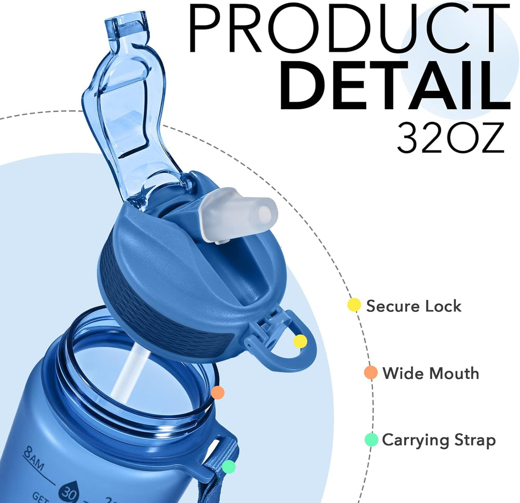 Hyeta 32oz Water Bottles with Straw - Stay Motivated and Hydrated with Convenient Times to Drink Markings, Durable, Leak-proof