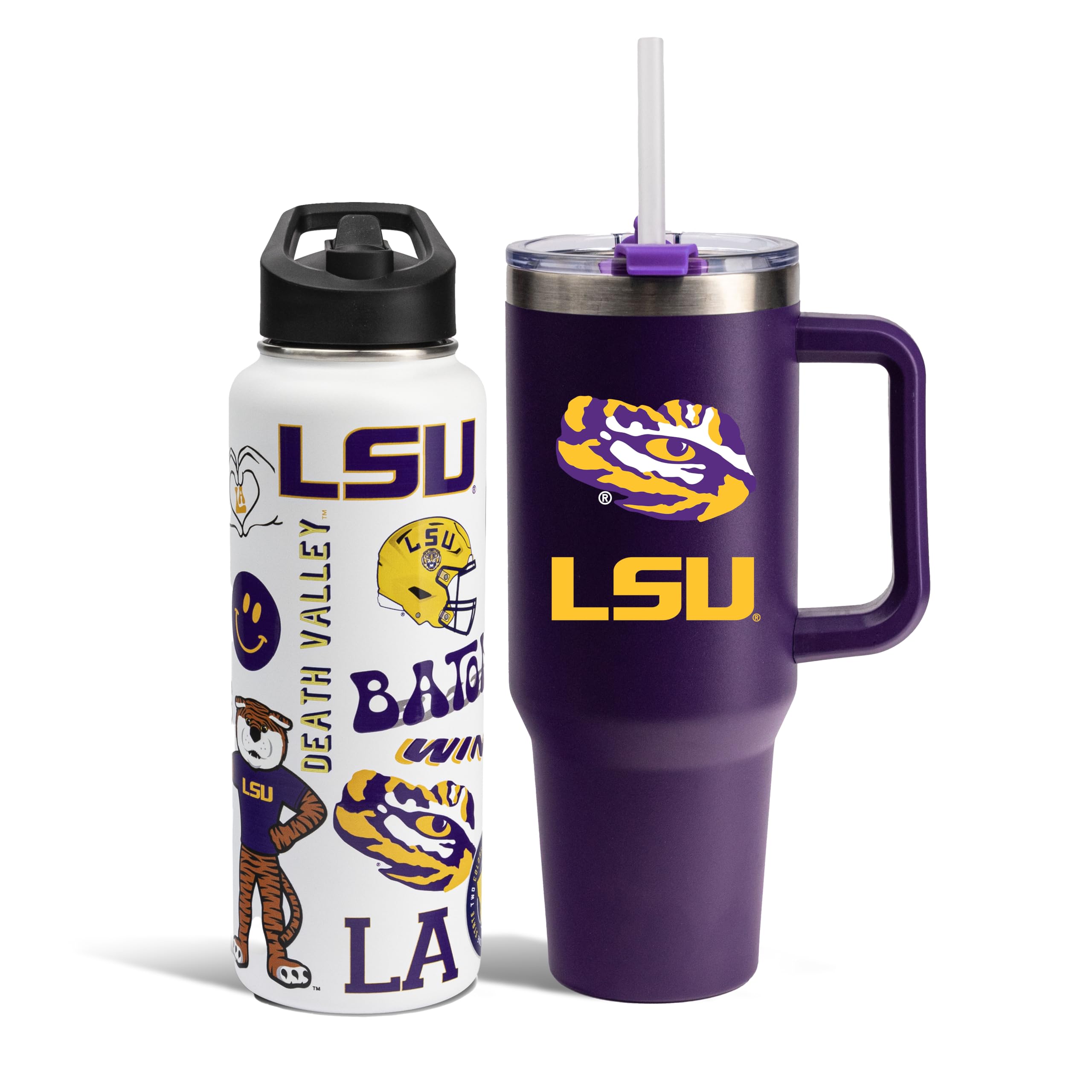 The Memory Company Officially Licensed NCAA 2-Pack Stainless Steel Tumbler Set, 34oz Team Spirit Water Bottle & 40oz Game Day Tumbler with Lid and Straw, BPA-Free Materials, Convenient Straw Design