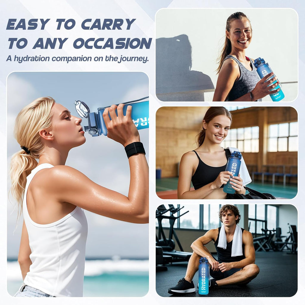 Water Bottle, 32oz Sports Water Bottles with Time Marker Wide Mouth, Motivational and Leakproof Drink Bottle, BPA Free Tritan with Carry Strap for Gym Fitness Outdoor (Direct Drink 1 Bottle)