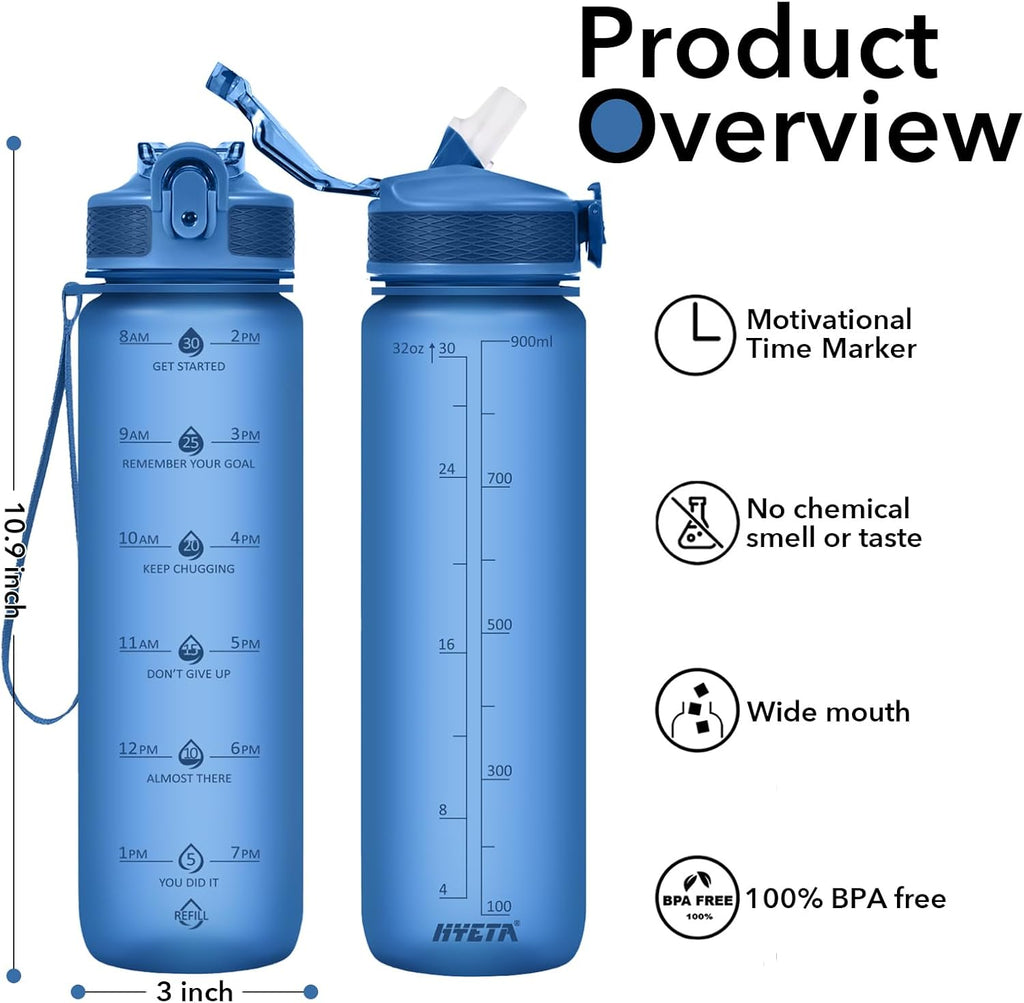 Hyeta 32oz Water Bottles with Straw - Stay Motivated and Hydrated with Convenient Times to Drink Markings, Durable, Leak-proof