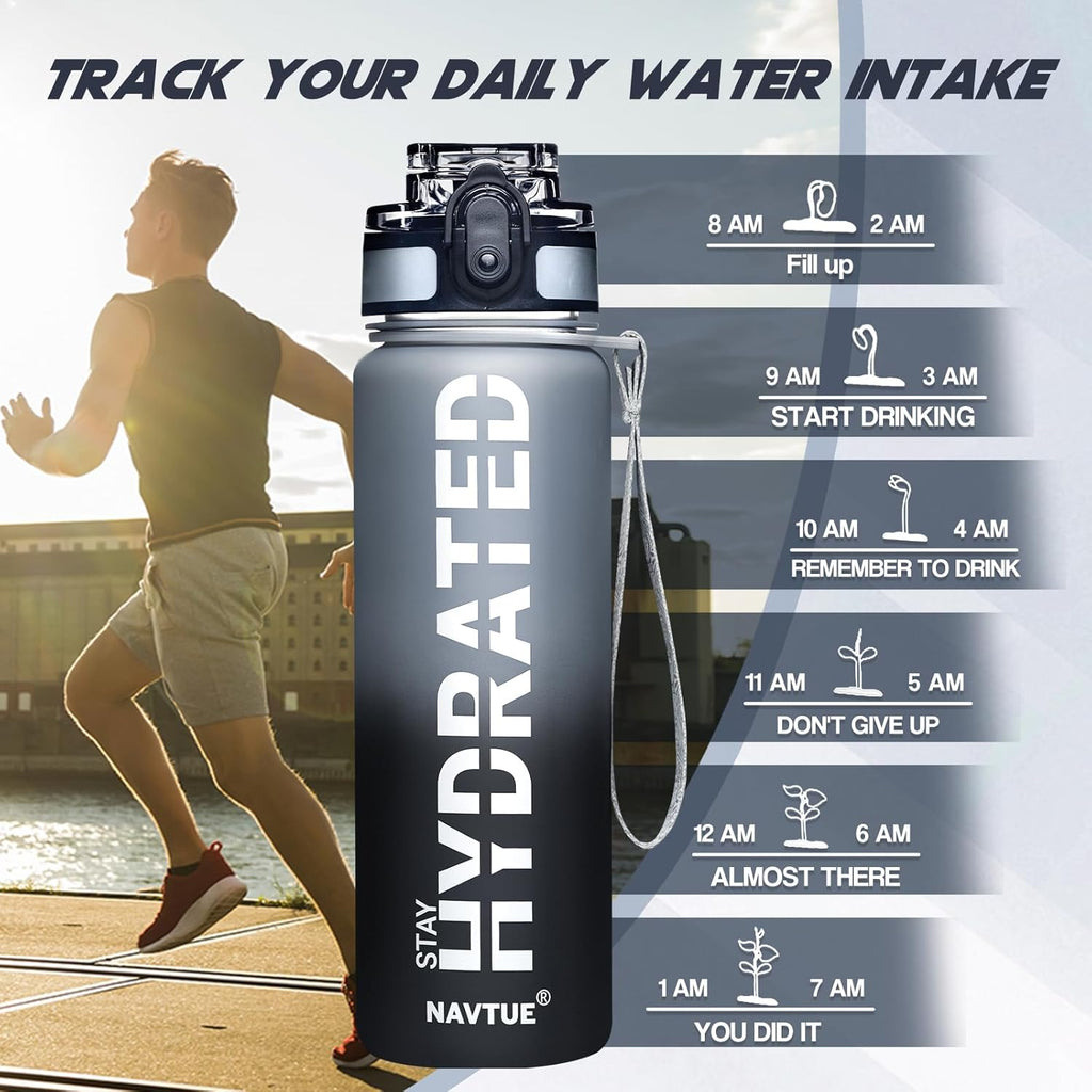 Water Bottle, 16OZ/ 500ML Sports Water Bottles with Time Marker Wide Mouth, Motivational and Leakproof Drink Bottle, BPA Free Tritan with Carry Strap for Gym Fitness Outdoor(1 Bottle)