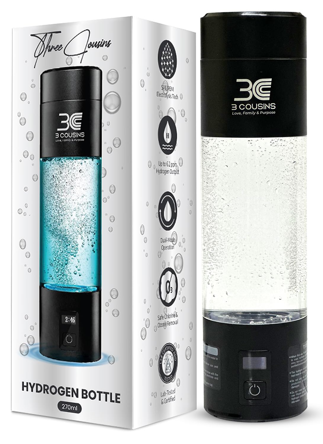 3C Hydrogen Water Bottle – Boost Energy, Detox & Speeds Recovery – Certified H₂ Generator (Up to 6400+ PPB) – Japanese SPE/PEM Tech – 5 & 10 Min Dual Modes with LED Display, USB-C Rechargeable, 9.1 OZ