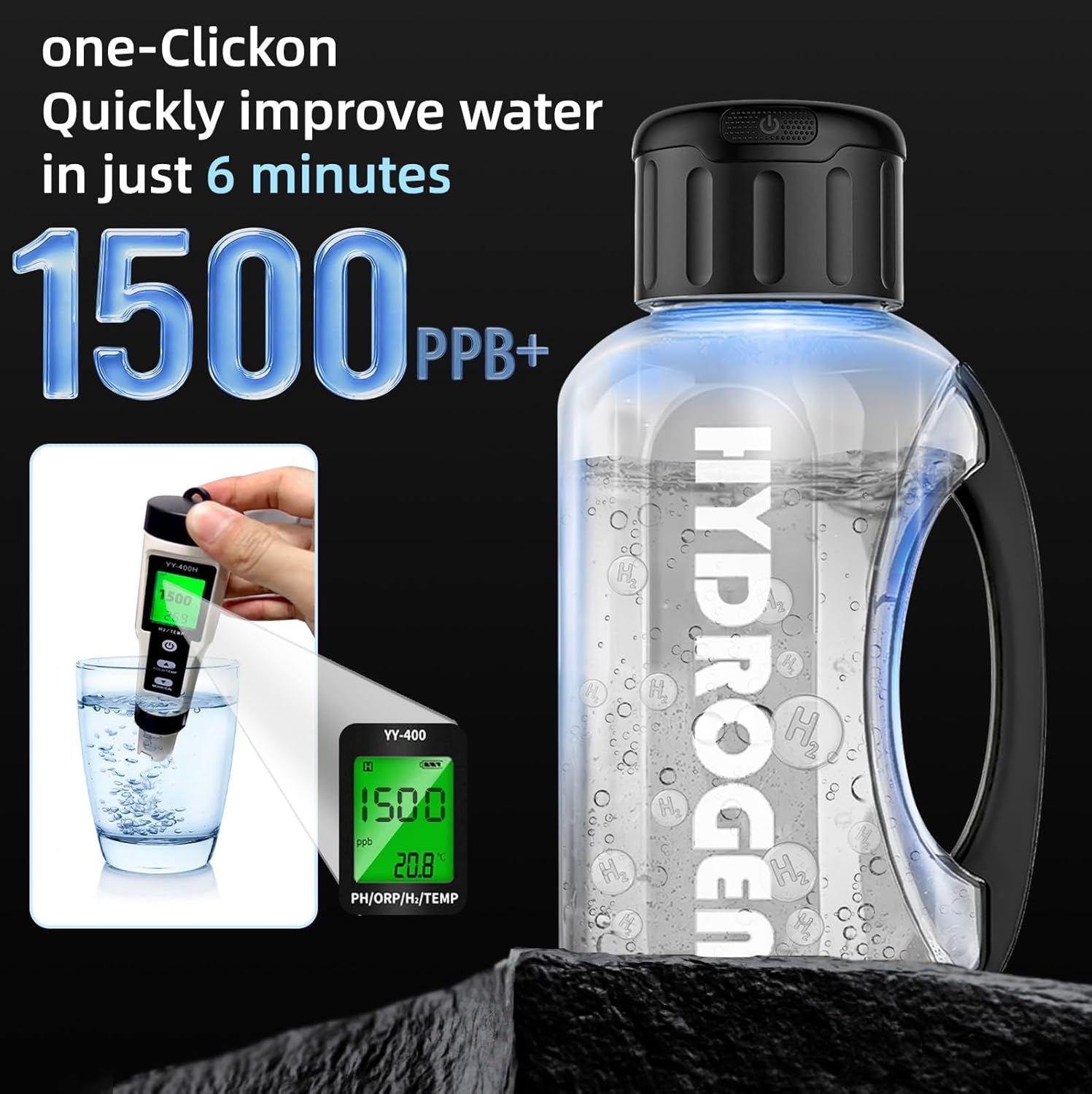 Hydrogen Water Bottle, 50 oz (1.5 Liter) Hydrogen Sport Water Bottles with Advanced Hydrogen Production Technology, Portable Rechargeable Water Generator Ionizer for Home, Office, and Travel