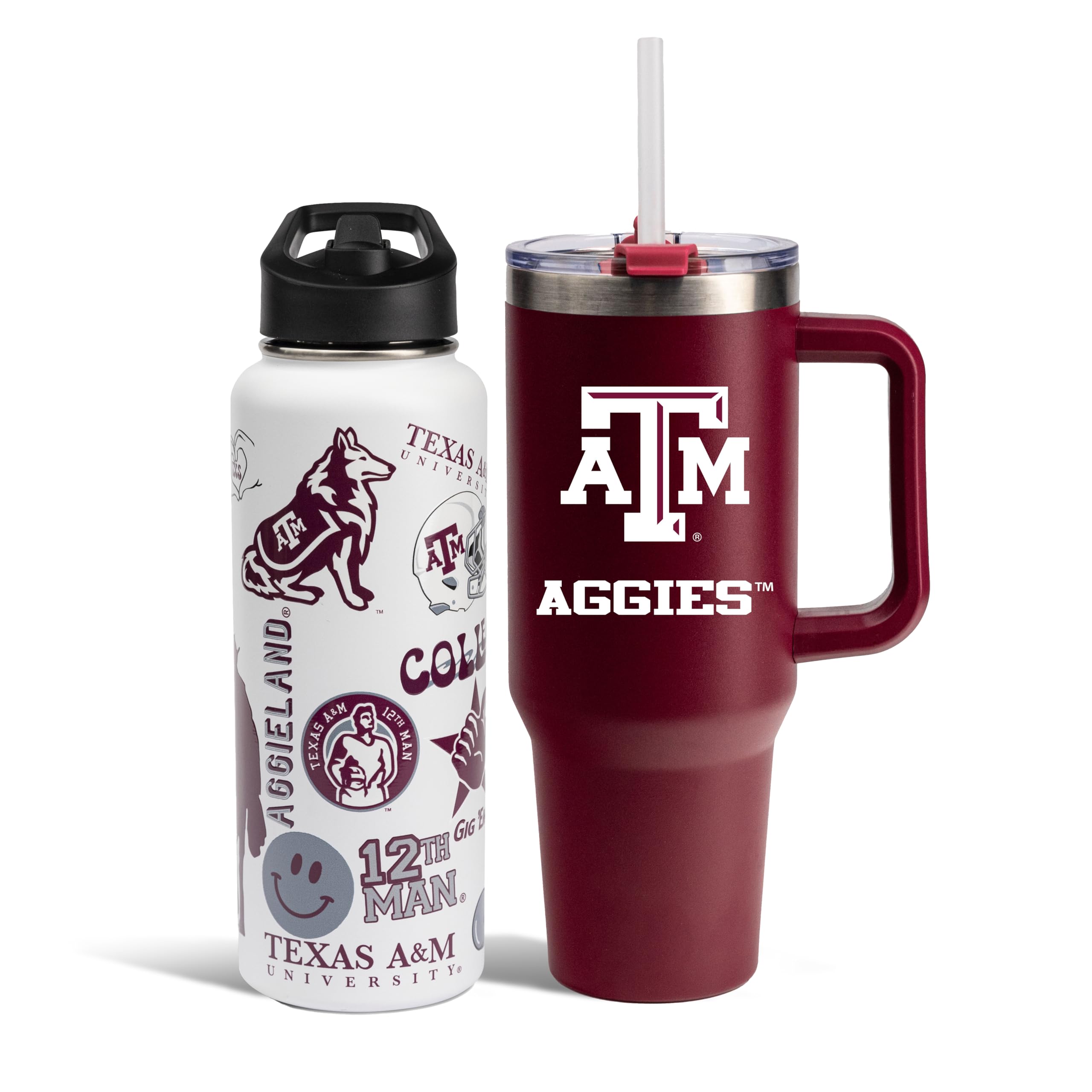 The Memory Company Officially Licensed NCAA 2-Pack Stainless Steel Tumbler Set, 34oz Team Spirit Water Bottle & 40oz Game Day Tumbler with Lid and Straw, BPA-Free Materials, Convenient Straw Design