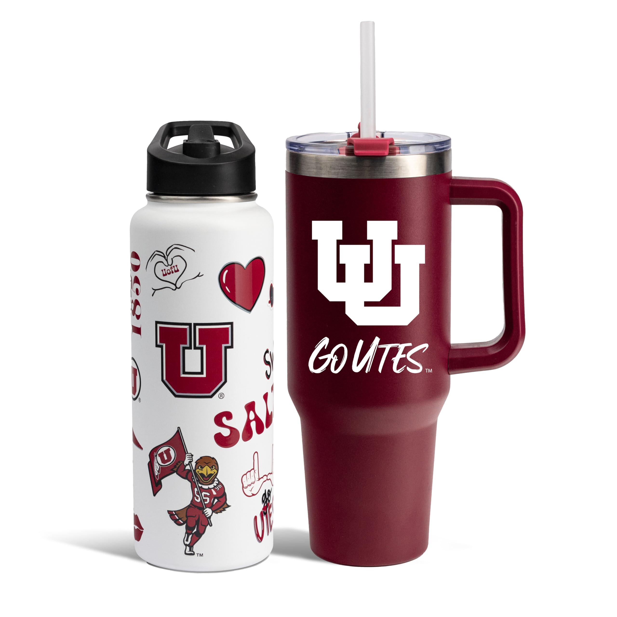 The Memory Company Officially Licensed NCAA 2-Pack Stainless Steel Tumbler Set, 34oz Team Spirit Water Bottle & 40oz Game Day Tumbler with Lid and Straw, BPA-Free Materials, Convenient Straw Design