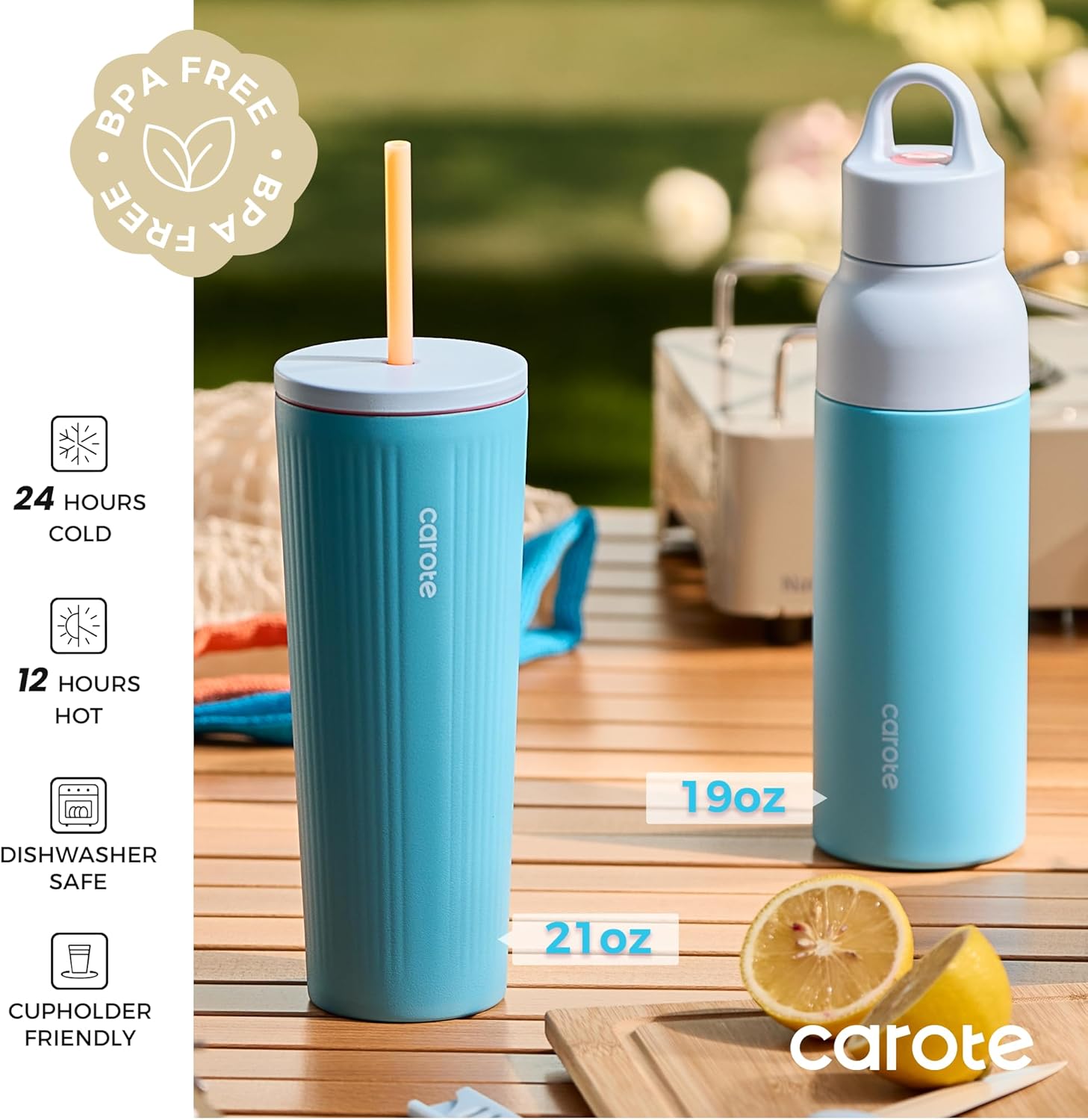 CAROTE 19 oz One-Click Open Insulated Water Bottle & 21 oz Tumblers with Lid and Straw, Double-Wall Insulated Stainless Steel, Leakproof Lid with Handle, Essential for Travel, Sports(Vibrant Blue)