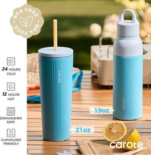 CAROTE 19 oz One-Click Open Insulated Water Bottle & 21 oz Tumblers with Lid and Straw, Double-Wall Insulated Stainless Steel, Leakproof Lid with Handle, Essential for Travel, Sports(Vibrant Blue)