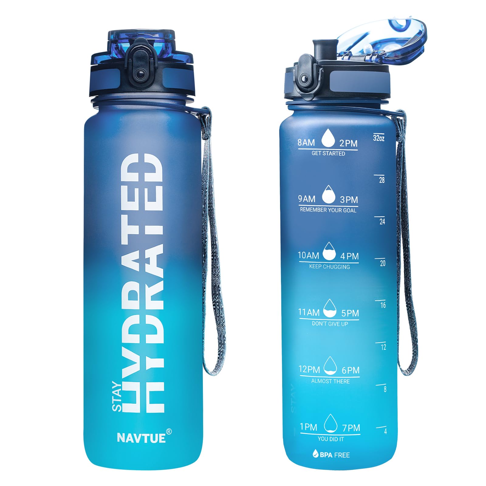Water Bottle, 32oz Sports Water Bottles with Time Marker Wide Mouth, Motivational and Leakproof Drink Bottle, BPA Free Tritan with Carry Strap for Gym Fitness Outdoor (Direct Drink 1 Bottle)