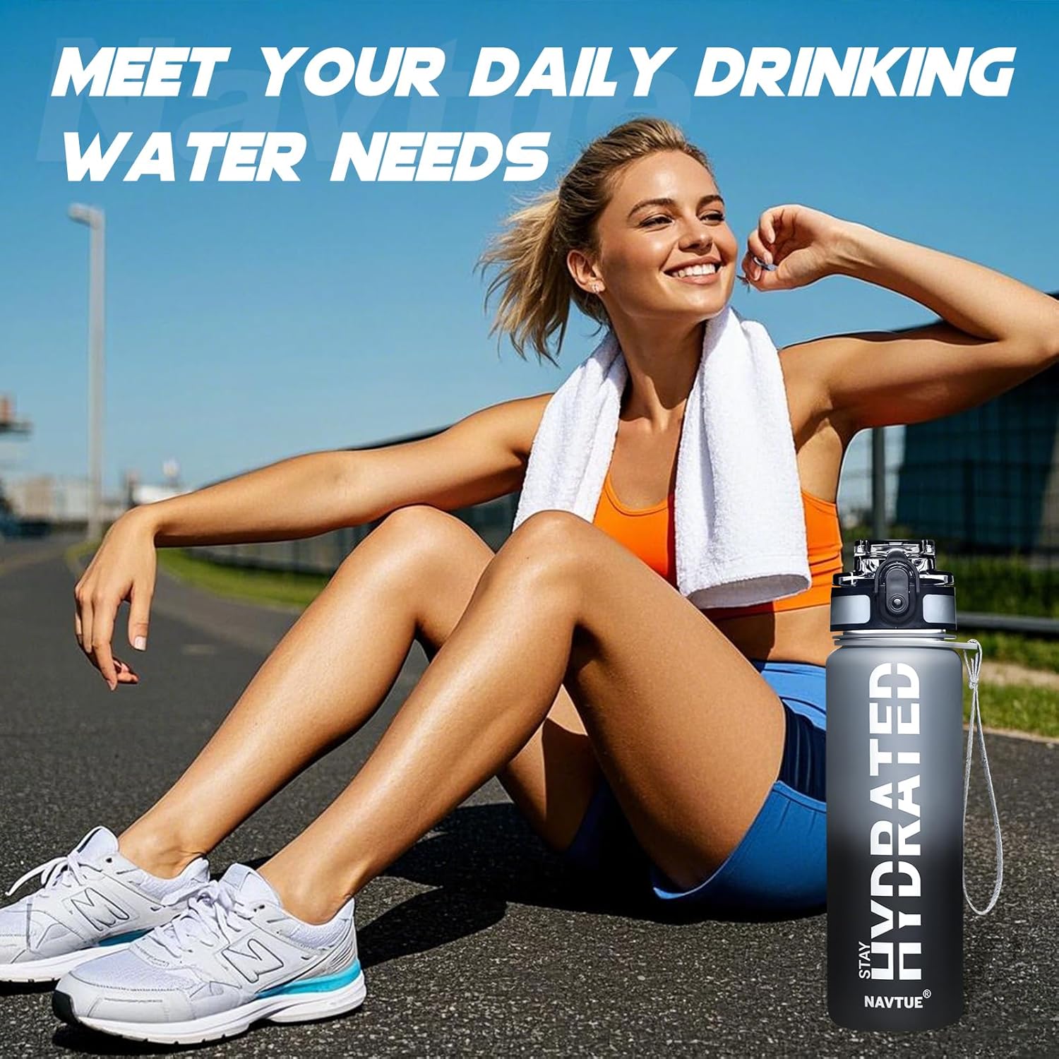 Water Bottle, 16OZ/ 500ML Sports Water Bottles with Time Marker Wide Mouth, Motivational and Leakproof Drink Bottle, BPA Free Tritan with Carry Strap for Gym Fitness Outdoor(1 Bottle)