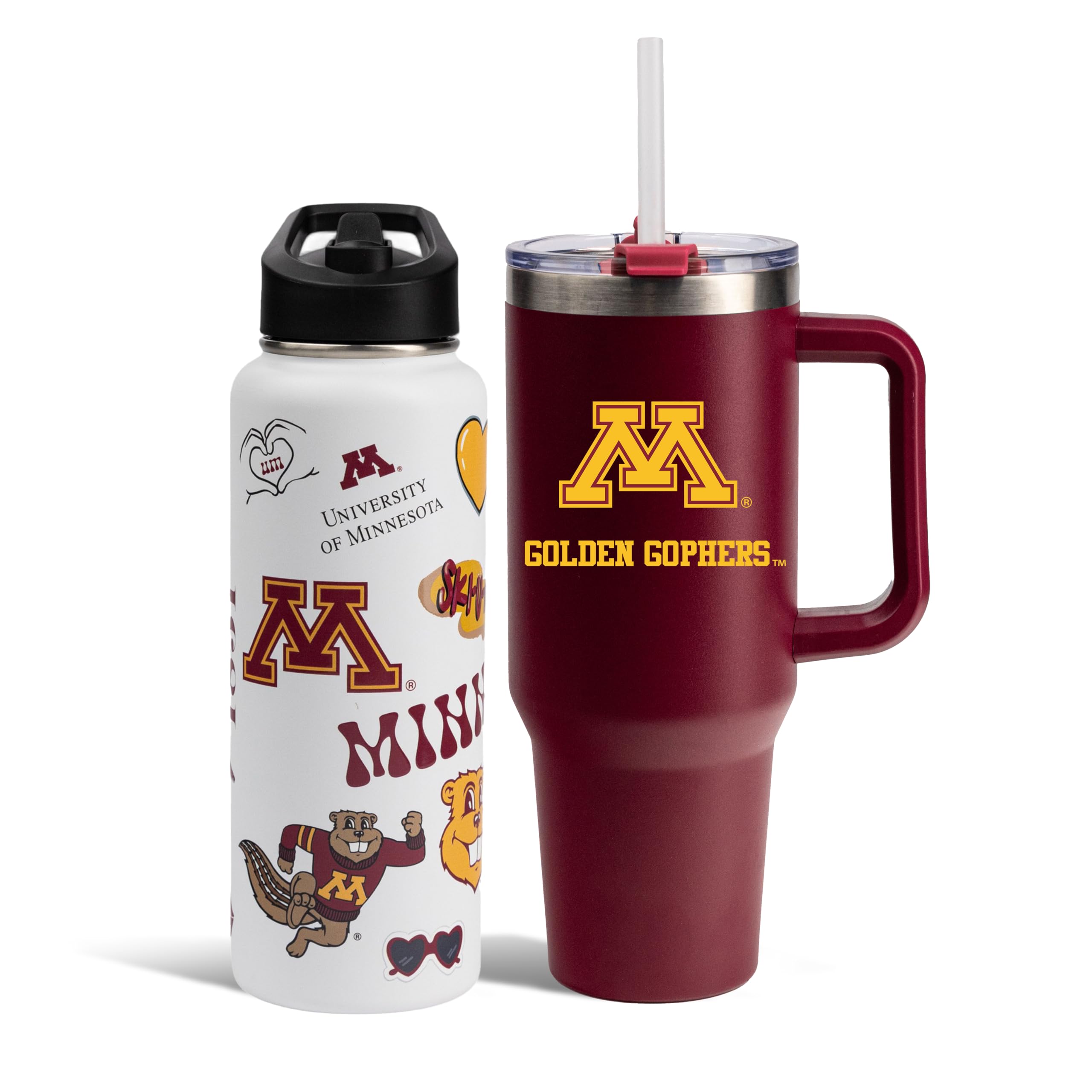 The Memory Company Officially Licensed NCAA 2-Pack Stainless Steel Tumbler Set, 34oz Team Spirit Water Bottle & 40oz Game Day Tumbler with Lid and Straw, BPA-Free Materials, Convenient Straw Design