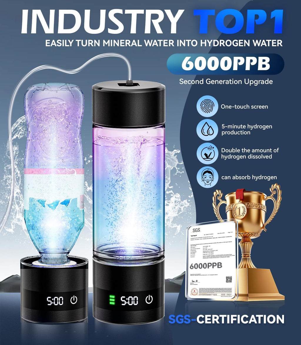 4.0 Upgrade Hydrogen Water Bottle & Hydrogen Absorption 【SGS Certification - 6000PPB】 Hydrogen Water Bottle - 2025 SPE PEM Technique 【NO.1-100% Odorless】 Applicable to Various Water