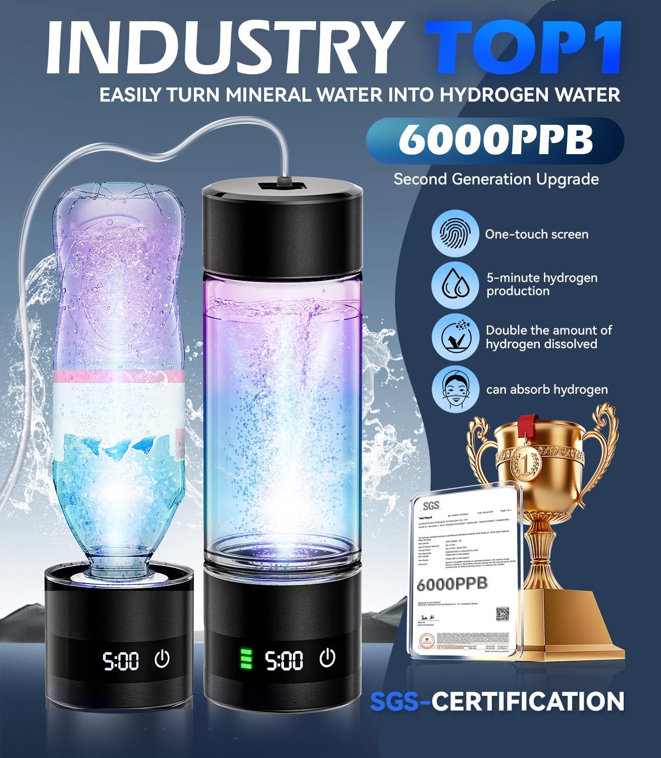 4.0 Upgrade Hydrogen Water Bottle & Hydrogen Absorption 【SGS Certification - 6000PPB】 Hydrogen Water Bottle - 2025 SPE PEM Technique 【NO.1-100% Odorless】 Applicable to Various Water