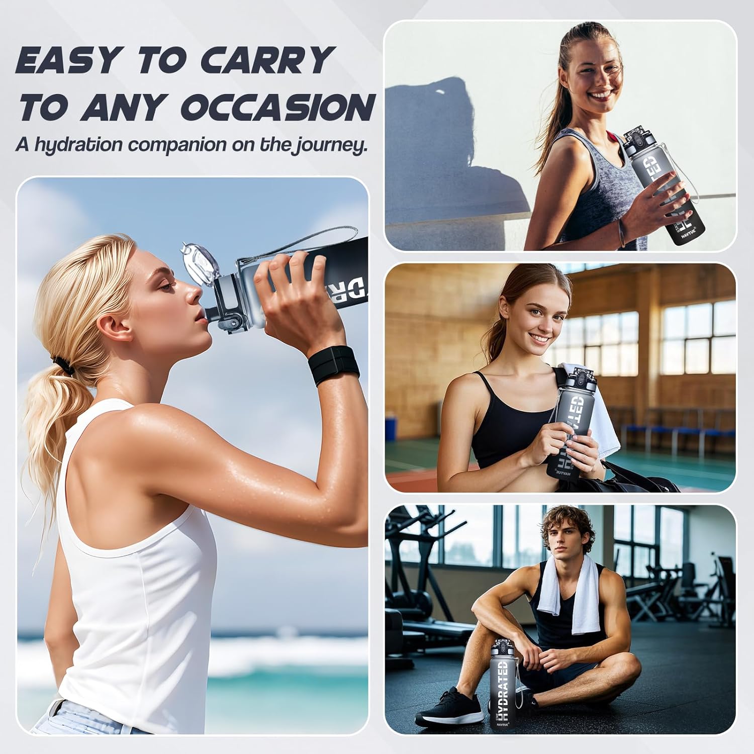 Water Bottle, 16OZ/ 500ML Sports Water Bottles with Time Marker Wide Mouth, Motivational and Leakproof Drink Bottle, BPA Free Tritan with Carry Strap for Gym Fitness Outdoor(1 Bottle)