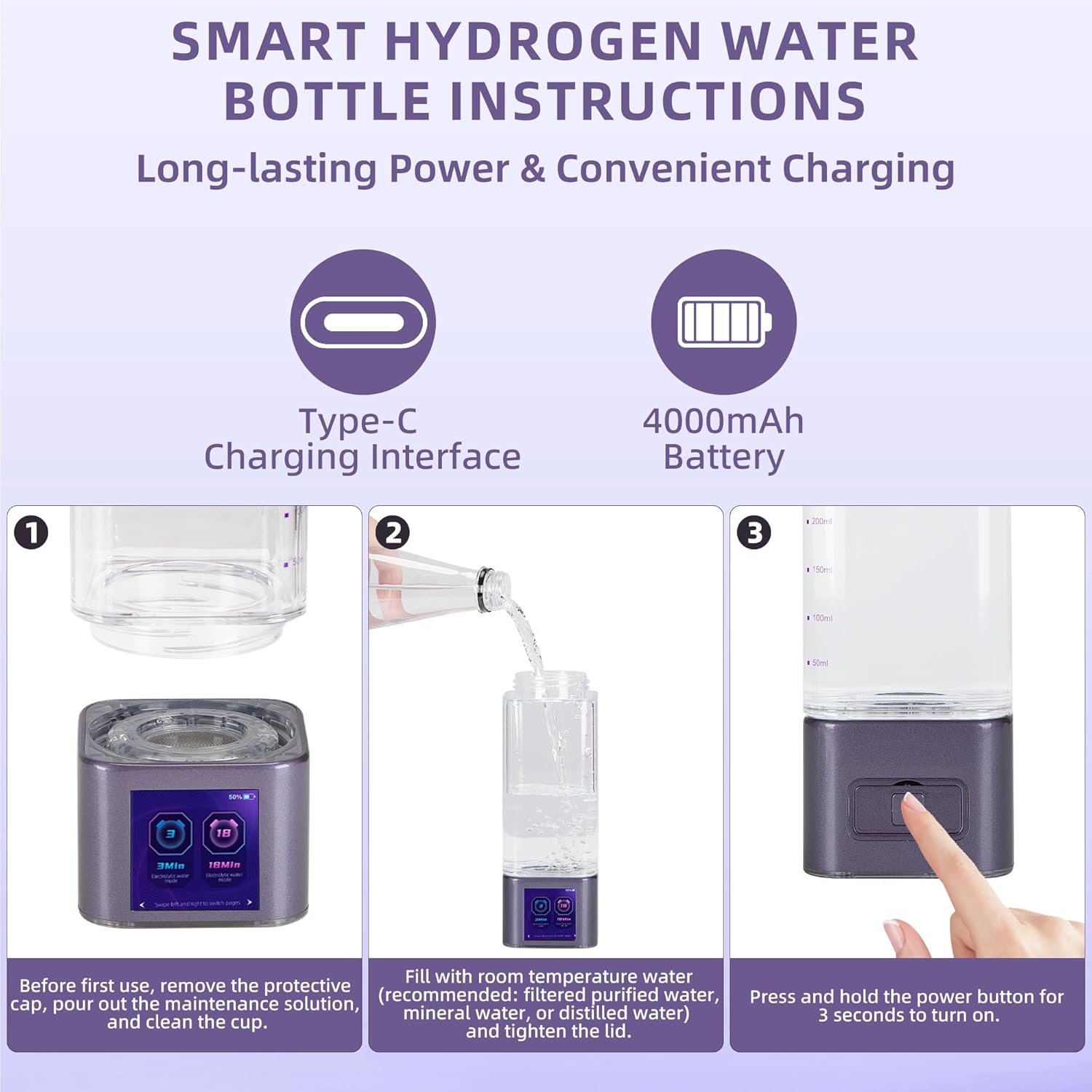 Hydrogen Water Bottle Deluxe Version, Up to 9000ppb Concentration, Upgrade Smart Touchscreen Control SPE Hydrogen Generator with LED Display Portable Hydrogen Water Machine
