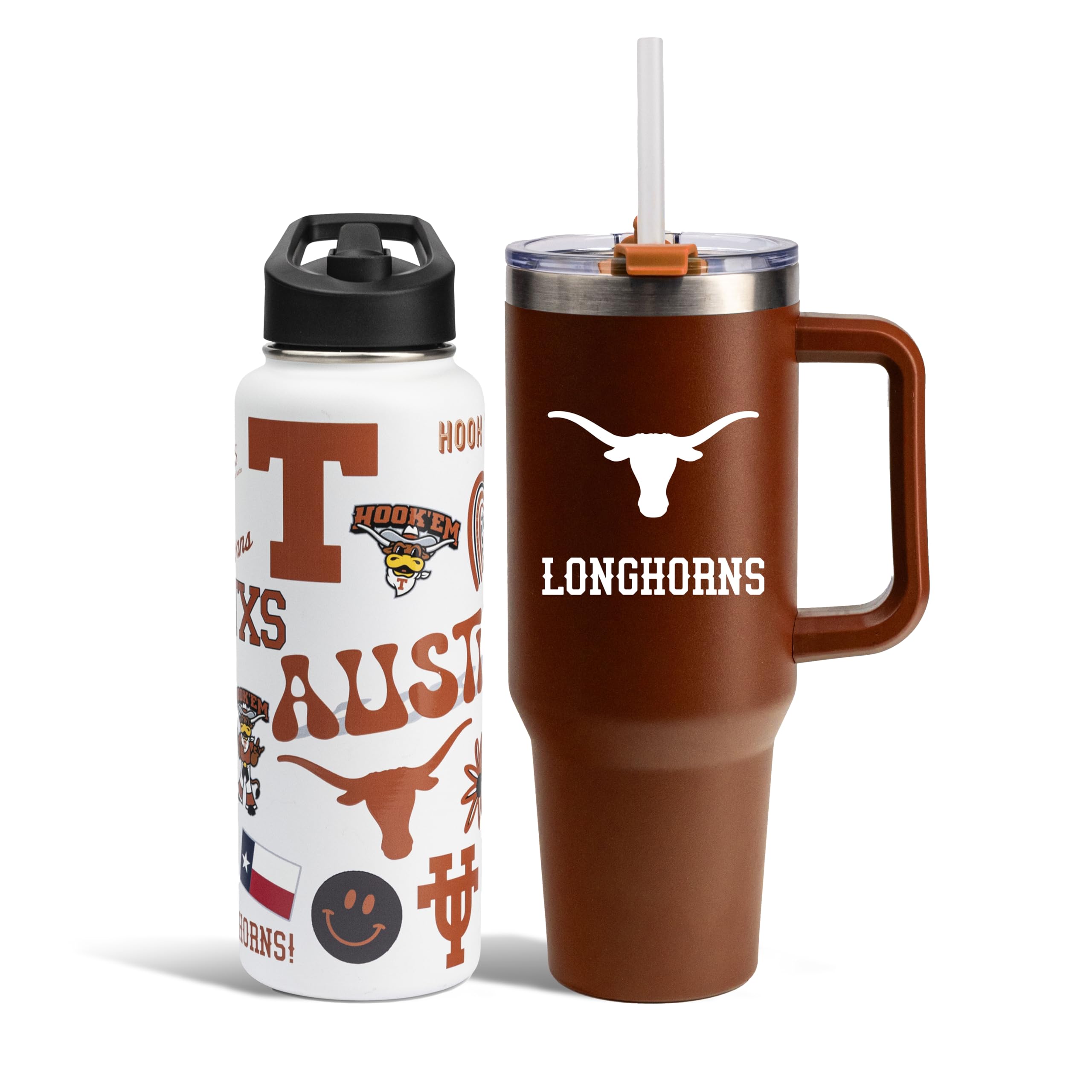 The Memory Company Officially Licensed NCAA 2-Pack Stainless Steel Tumbler Set, 34oz Team Spirit Water Bottle & 40oz Game Day Tumbler with Lid and Straw, BPA-Free Materials, Convenient Straw Design