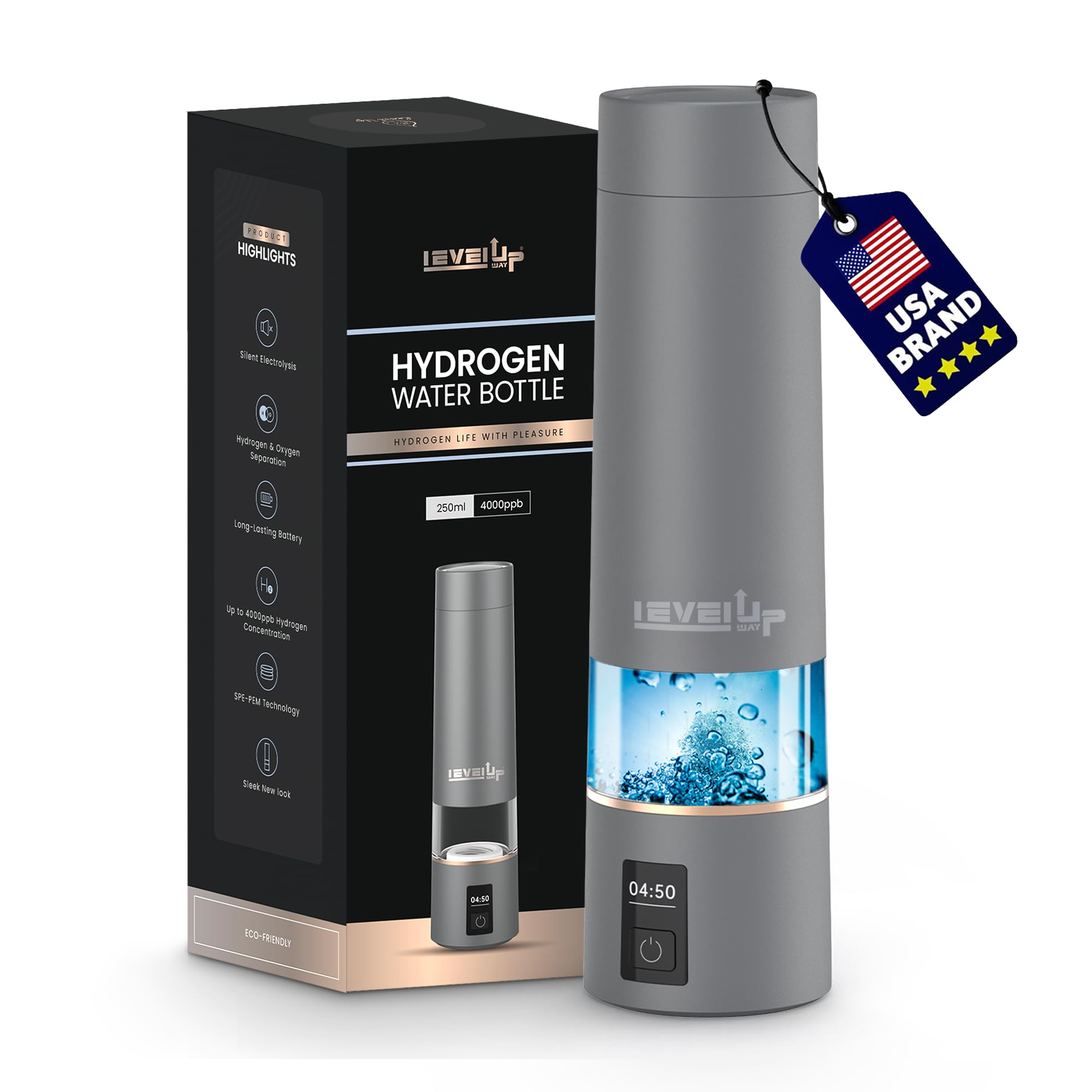 LevelUpWay 2025 Hydrogen Water Bottle Generator – New Technology Glass with SPE PEM Ionic Membrane – High Borosilicate Glass – 13 Ounce (Crystal Silver)