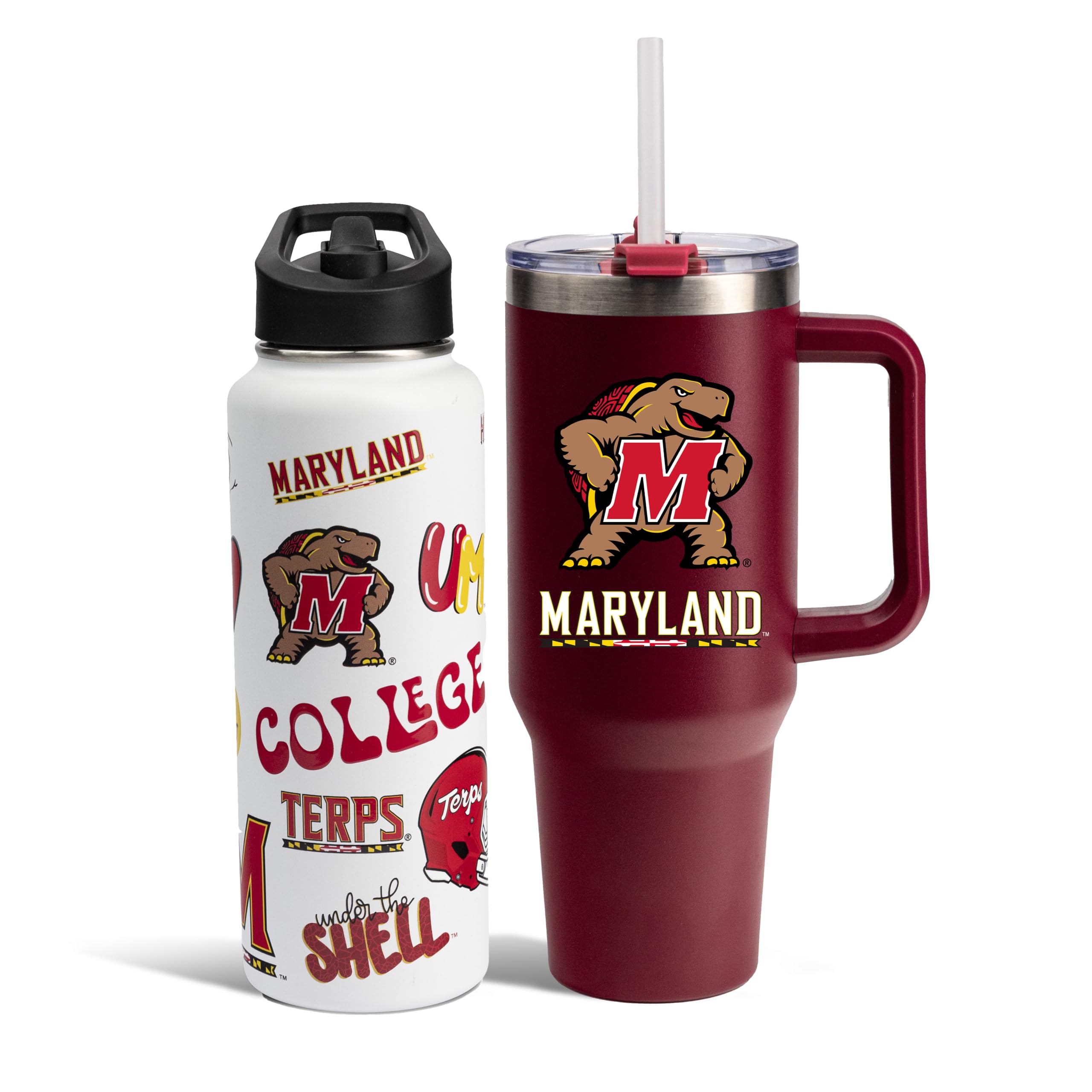 The Memory Company Officially Licensed NCAA 2-Pack Stainless Steel Tumbler Set, 34oz Team Spirit Water Bottle & 40oz Game Day Tumbler with Lid and Straw, BPA-Free Materials, Convenient Straw Design