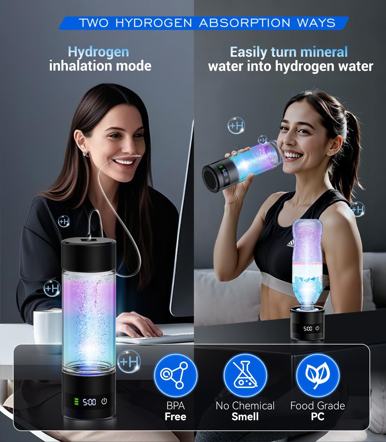 4.0 Upgrade Hydrogen Water Bottle & Hydrogen Absorption 【SGS Certification - 6000PPB】 Hydrogen Water Bottle - 2025 SPE PEM Technique 【NO.1-100% Odorless】 Applicable to Various Water