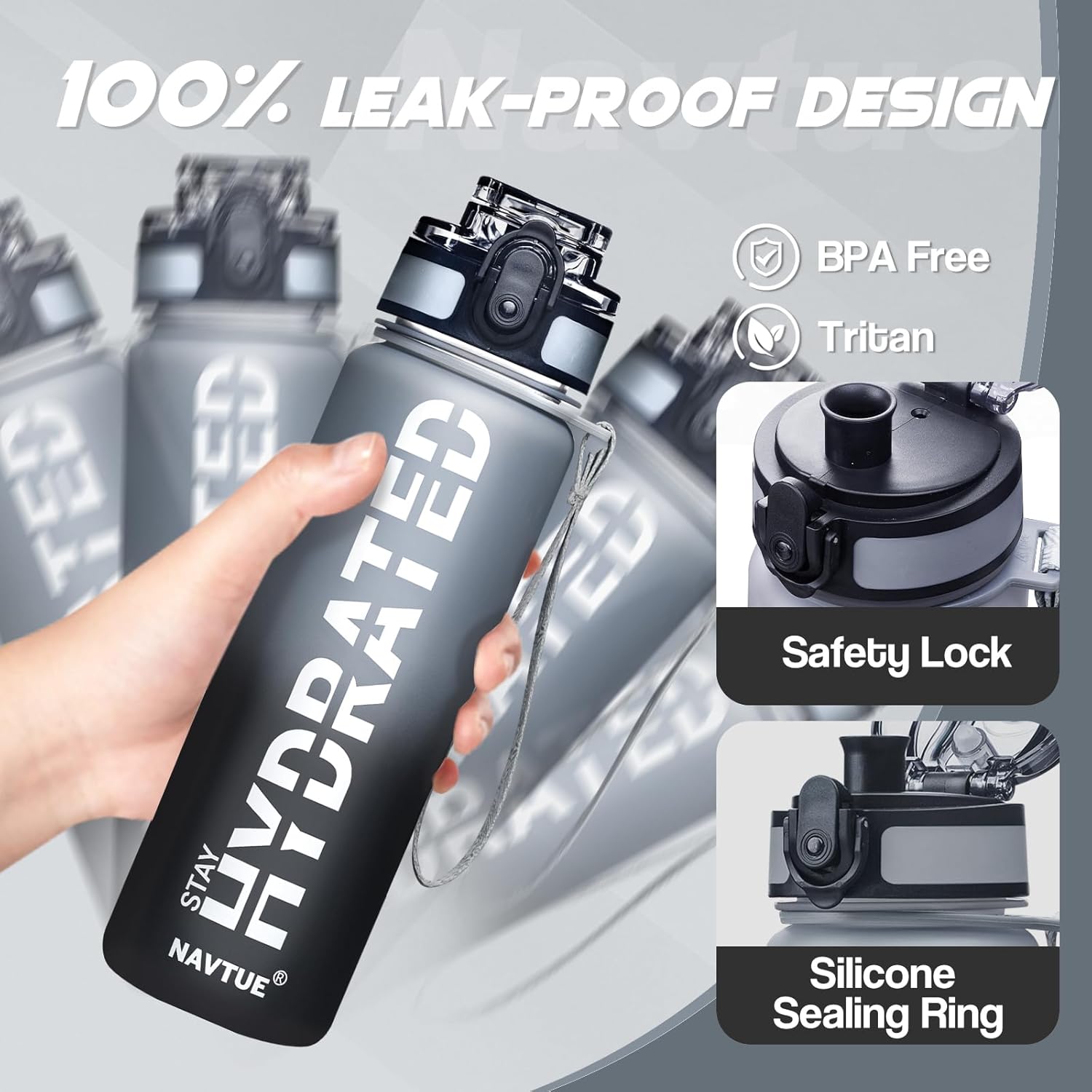 Water Bottle, 16OZ/ 500ML Sports Water Bottles with Time Marker Wide Mouth, Motivational and Leakproof Drink Bottle, BPA Free Tritan with Carry Strap for Gym Fitness Outdoor(1 Bottle)