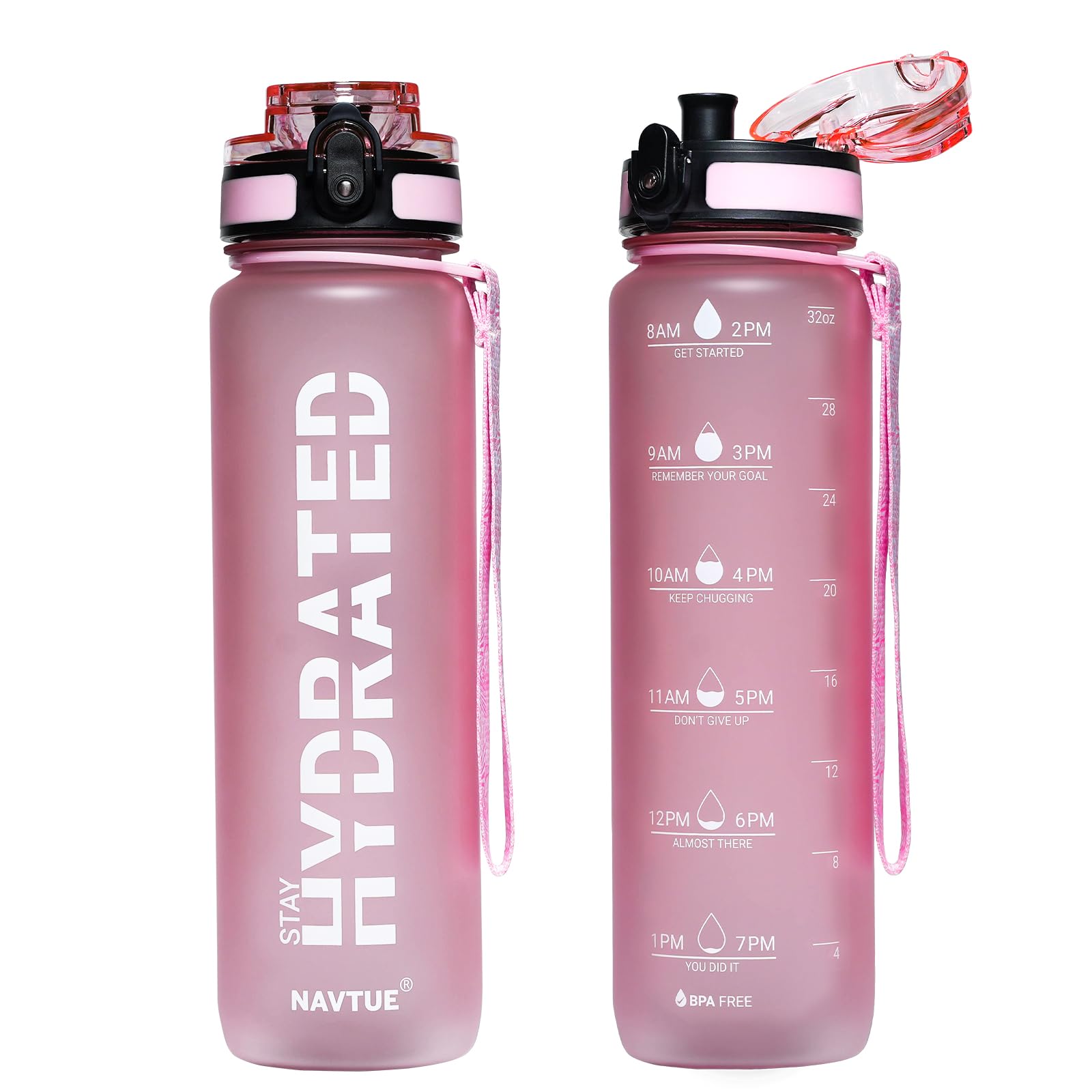 Water Bottle, 32oz Sports Water Bottles with Time Marker Wide Mouth, Motivational and Leakproof Drink Bottle, BPA Free Tritan with Carry Strap for Gym Fitness Outdoor (Direct Drink 1 Bottle)