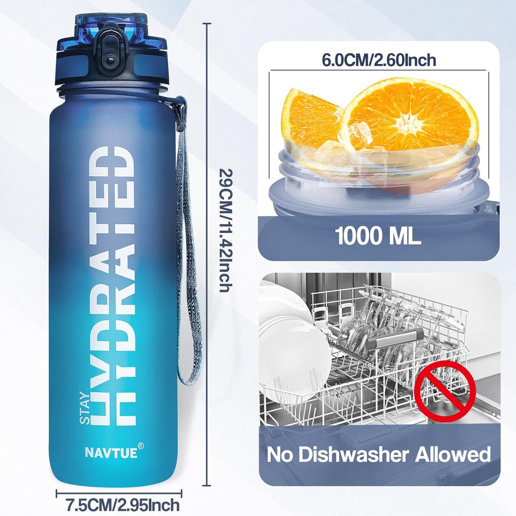 Water Bottle, 32oz Sports Water Bottles with Time Marker Wide Mouth, Motivational and Leakproof Drink Bottle, BPA Free Tritan with Carry Strap for Gym Fitness Outdoor (Direct Drink 1 Bottle)