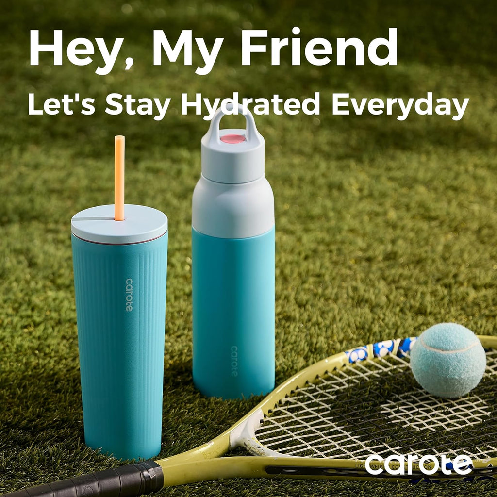 CAROTE 19 oz One-Click Open Insulated Water Bottle & 21 oz Tumblers with Lid and Straw, Double-Wall Insulated Stainless Steel, Leakproof Lid with Handle, Essential for Travel, Sports(Vibrant Blue)