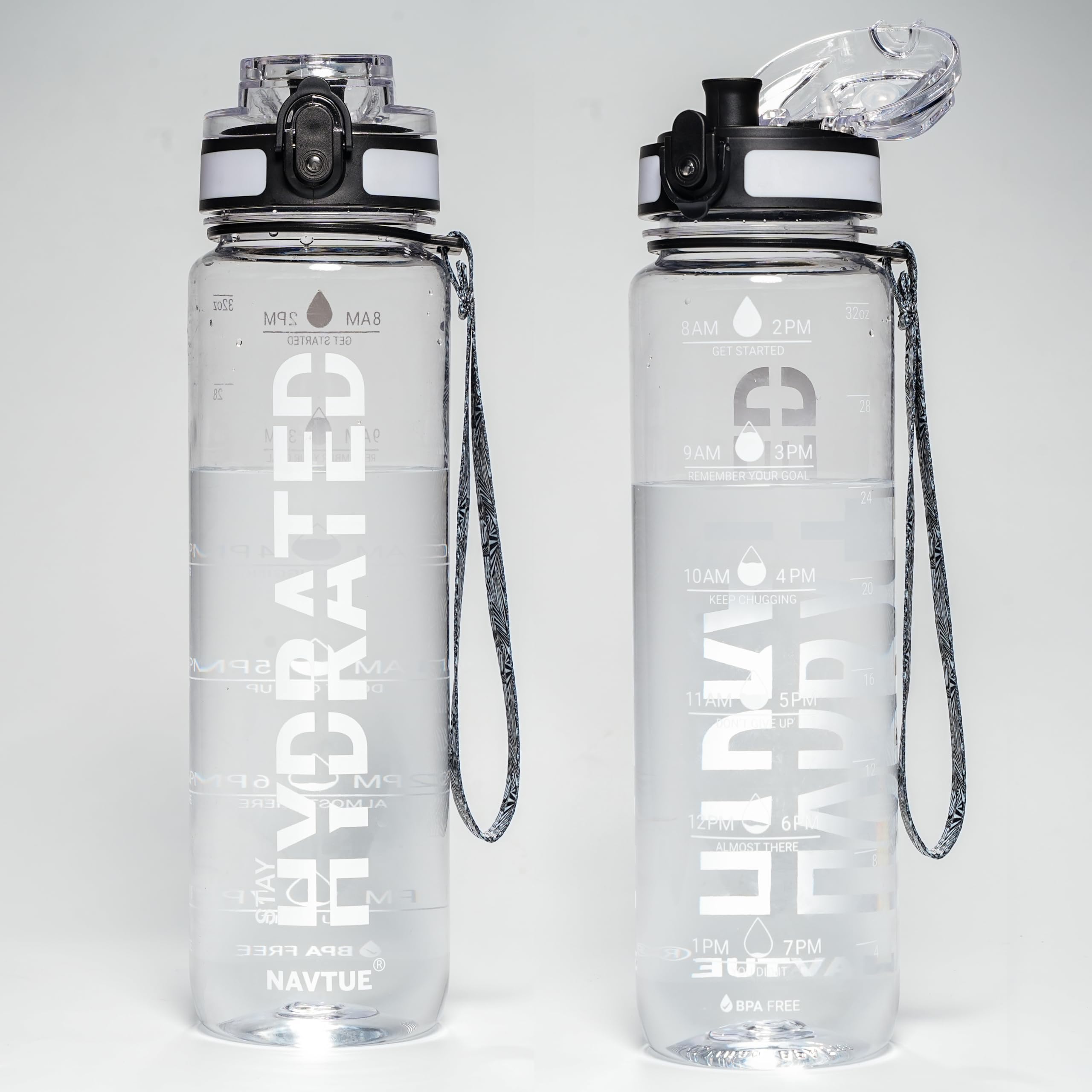 Water Bottle, 32oz Sports Water Bottles with Time Marker Wide Mouth, Motivational and Leakproof Drink Bottle, BPA Free Tritan with Carry Strap for Gym Fitness Outdoor (Direct Drink 1 Bottle)