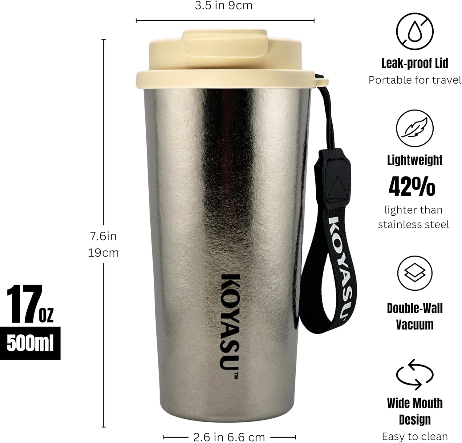 KOYASU 16oz Whole-Body Titanium Travel Mug – Double-Wall Insulated Cup, Leak-Proof Lid, Lightweight & Reusable, BPA-Free Tumbler, Wide Mouth, Durable, Hot 6H/Cold 24H, for Commute or Camping (Lunar)