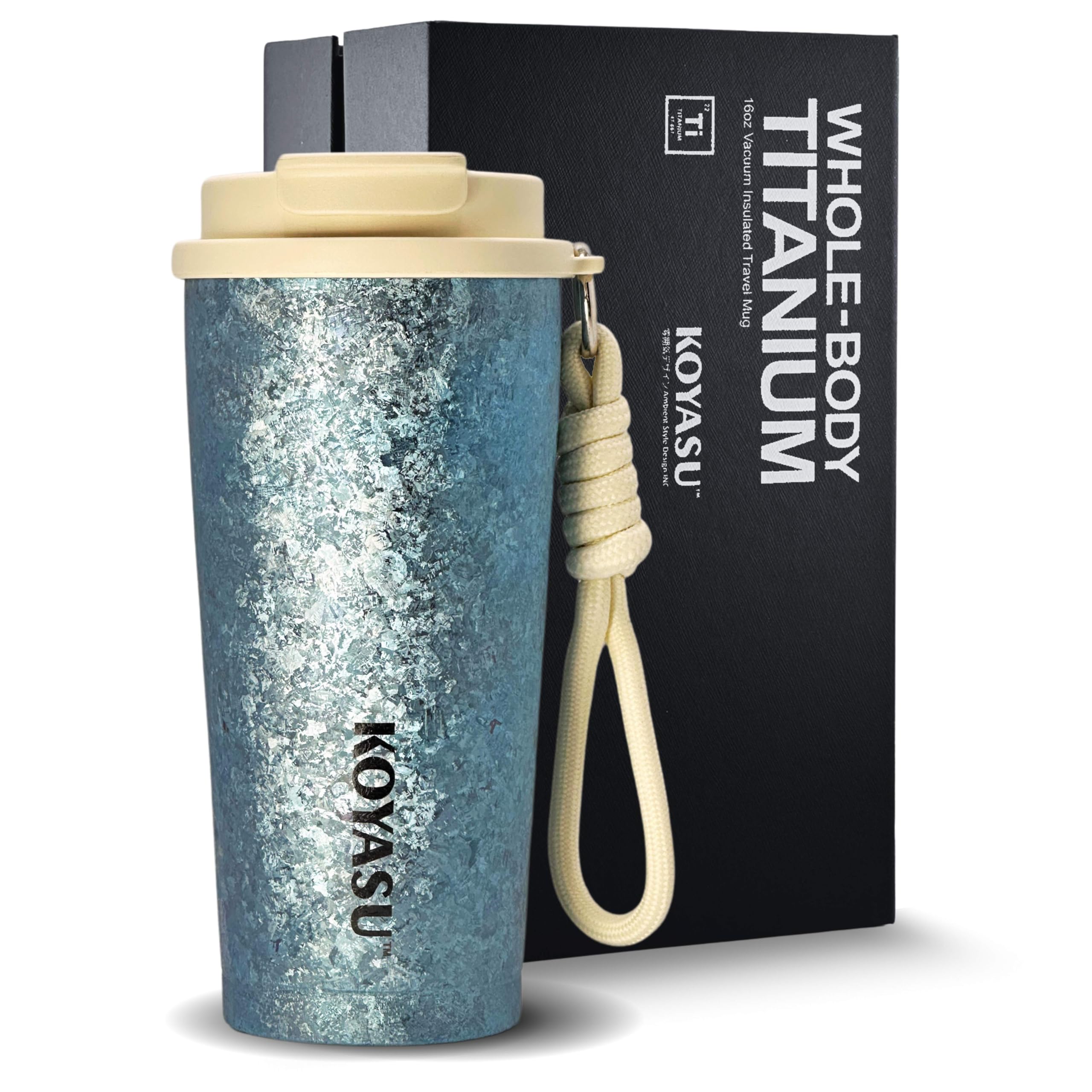 KOYASU 16oz Whole-Body Titanium Travel Mug – Double-Wall Insulated Cup, Leak-Proof Lid, Lightweight & Reusable, BPA-Free Tumbler, Wide Mouth, Durable, Hot 6H/Cold 24H, for Commute or Camping (Lunar)