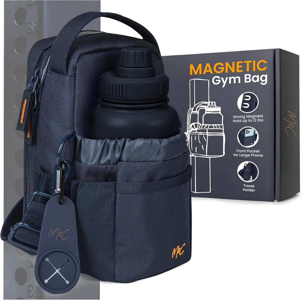 M2C® PREMIUM Magnetic Gym Bag – Holds Up to 12 lbs – Gym Pouch with Water Bottle, Cup & Wallet Pocket, Phone Storage, Key Clip, Adjustable Sling Strap – Ideal for Sports, Work & Travel