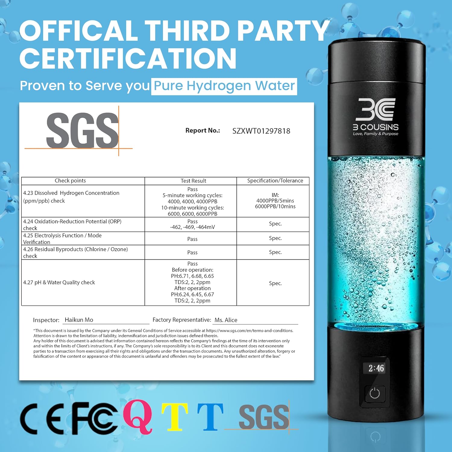 3C Hydrogen Water Bottle – Boost Energy, Detox & Speeds Recovery – Certified H₂ Generator (Up to 6400+ PPB) – Japanese SPE/PEM Tech – 5 & 10 Min Dual Modes with LED Display, USB-C Rechargeable, 9.1 OZ