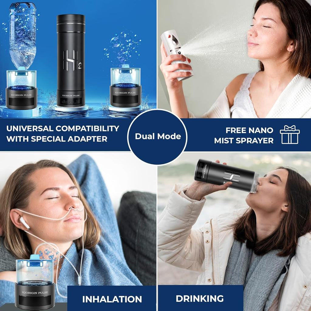 Hydrogen Water Bottle Generator, Up to 9000 PPB Hydrogen Bottle Water Ionizer with SPE/PEM Technology, 3-in-1 Portable Universal Adapter and Refreshing Mist Spray for Home Hydration