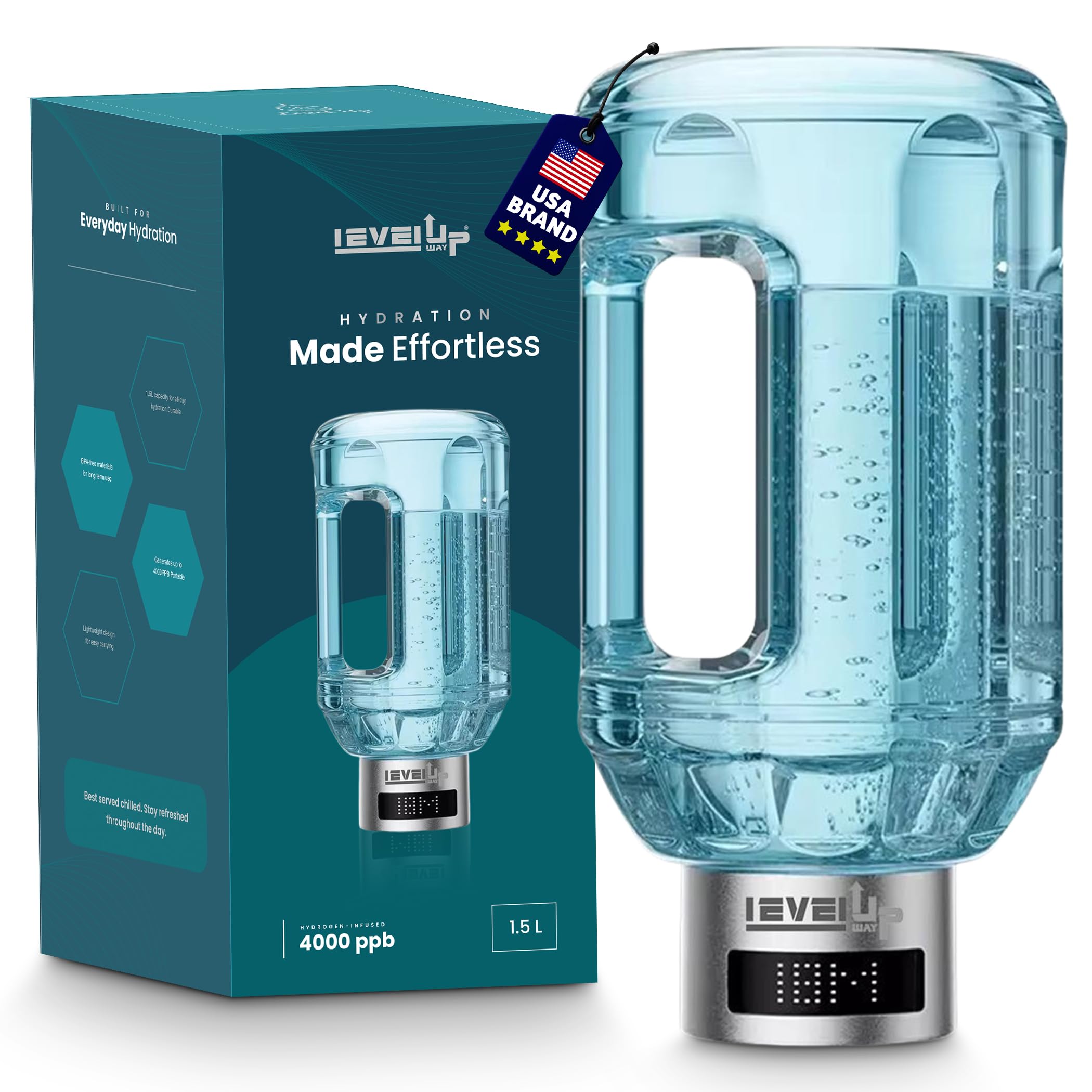 LevelUpWay 2025 Hydrogen Water Bottle Generator – New Technology Glass with SPE PEM Ionic Membrane – High Borosilicate Glass – 13 Ounce (Crystal Silver)