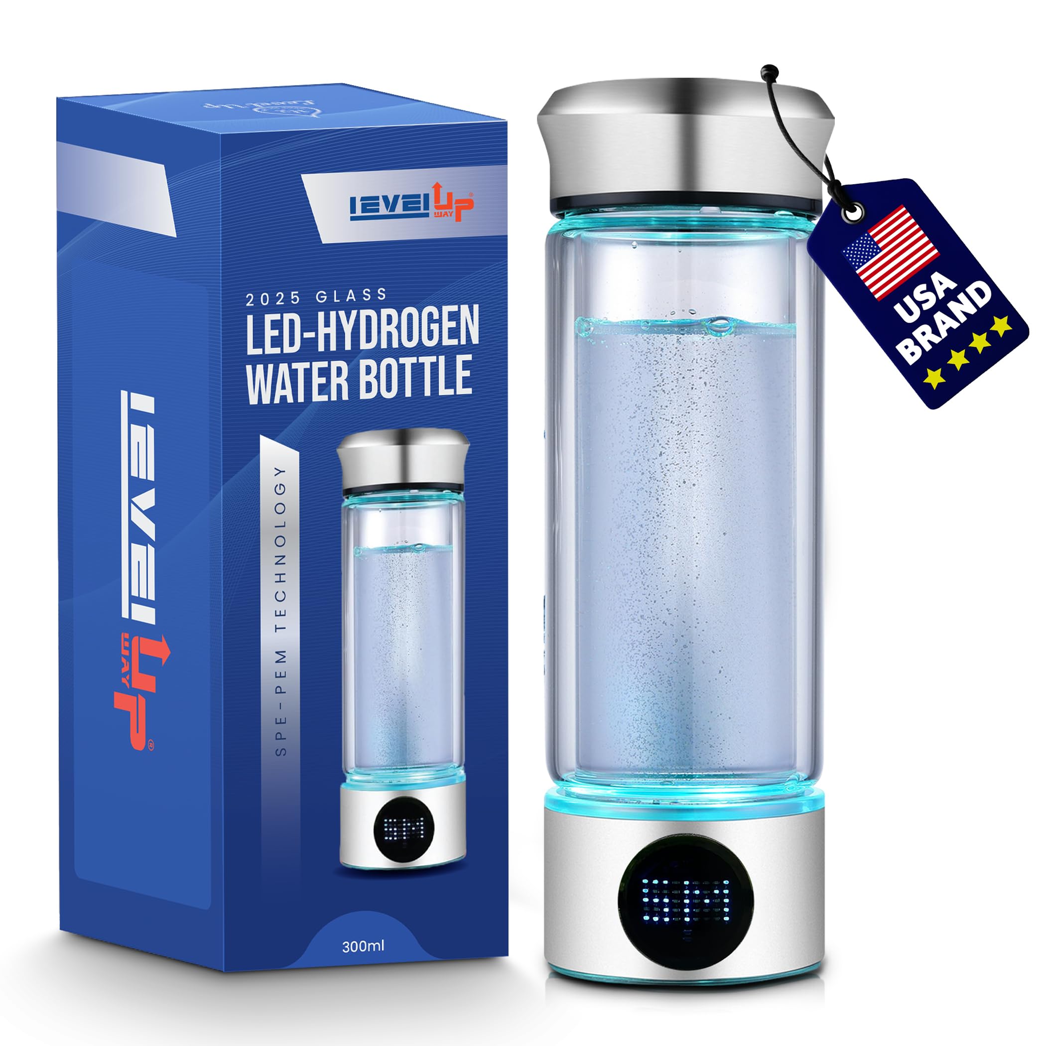 LevelUpWay 2025 Hydrogen Water Bottle Generator – New Technology Glass with SPE PEM Ionic Membrane – High Borosilicate Glass – 13 Ounce (Crystal Silver)