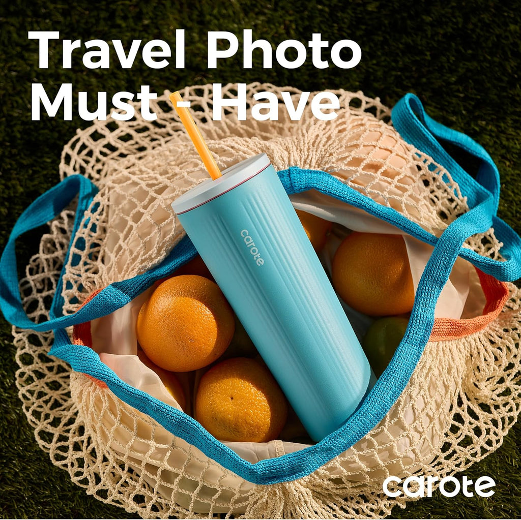 CAROTE 19 oz One-Click Open Insulated Water Bottle & 21 oz Tumblers with Lid and Straw, Double-Wall Insulated Stainless Steel, Leakproof Lid with Handle, Essential for Travel, Sports(Vibrant Blue)