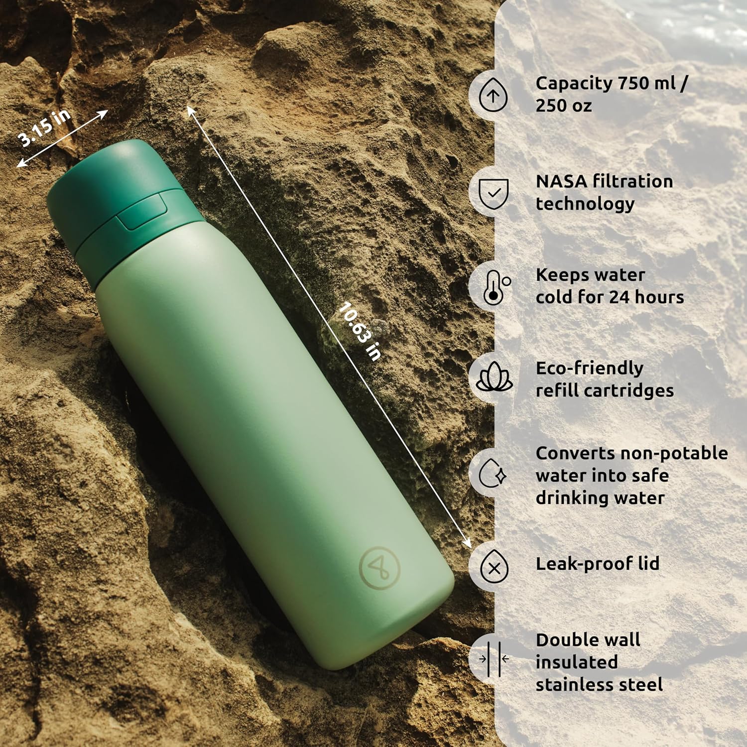 Tappwater BottlePro Adventure - Stainless Steel Water Bottle with Filter for Travel and Sports, filters 100+ unwanted substances. Non-drinking water purifier. Reusable 25oz BPA-free Bottle (Green)